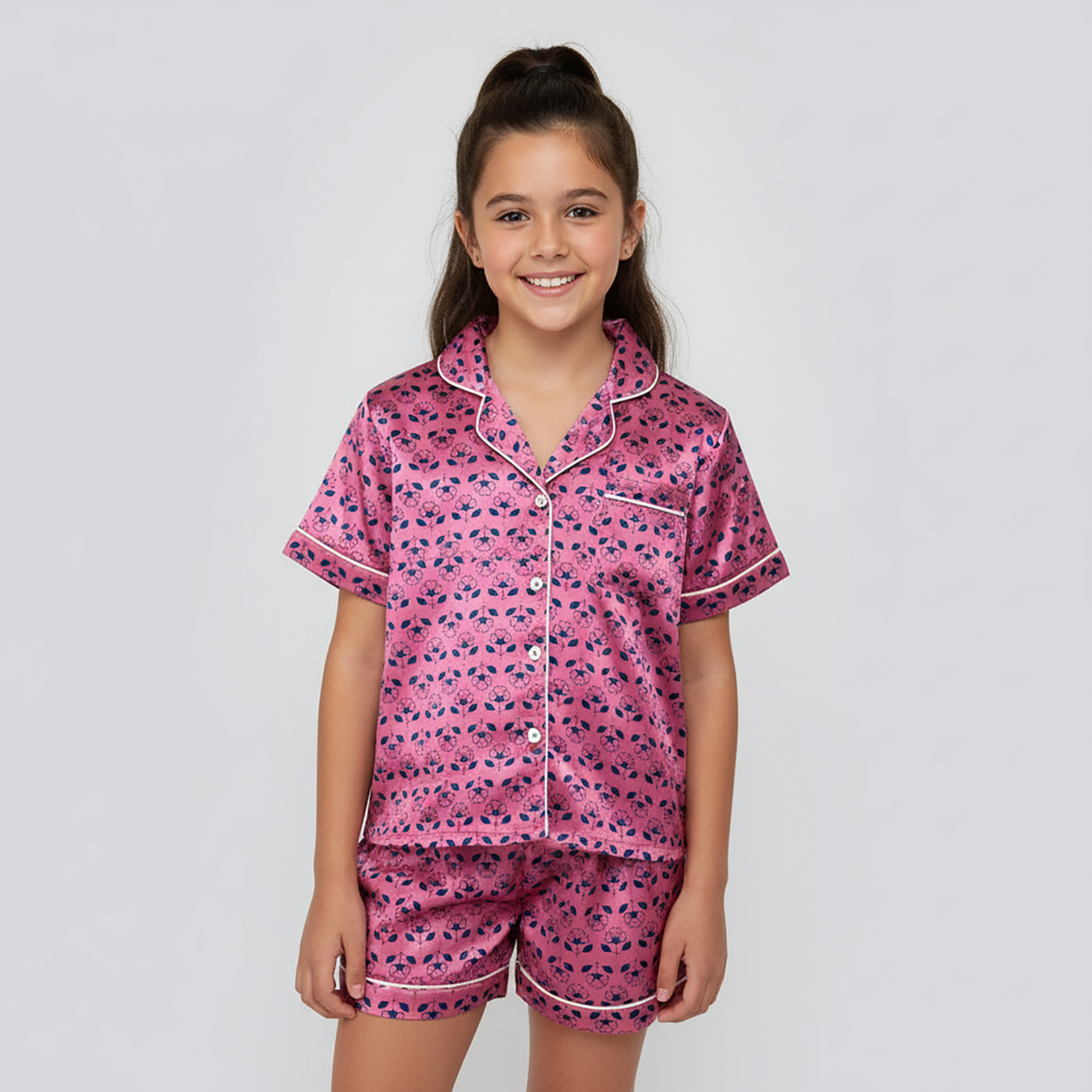 Tweenstyle By Stoopher Tweenstyle By Stoopher Pink Geometric Flower Print Satin Loungewear Set