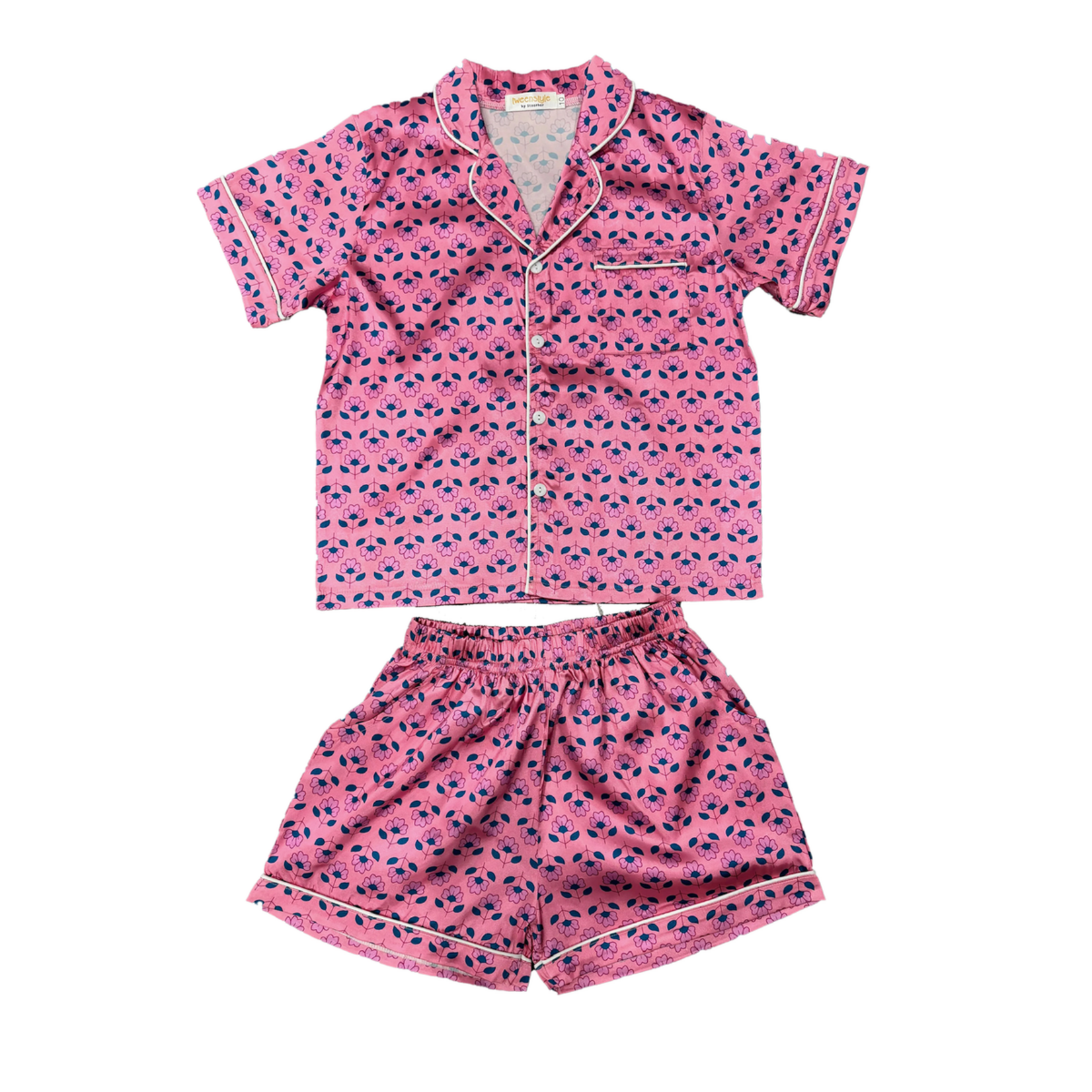 Tweenstyle By Stoopher Tweenstyle By Stoopher Pink Geometric Flower Print Satin Loungewear Set