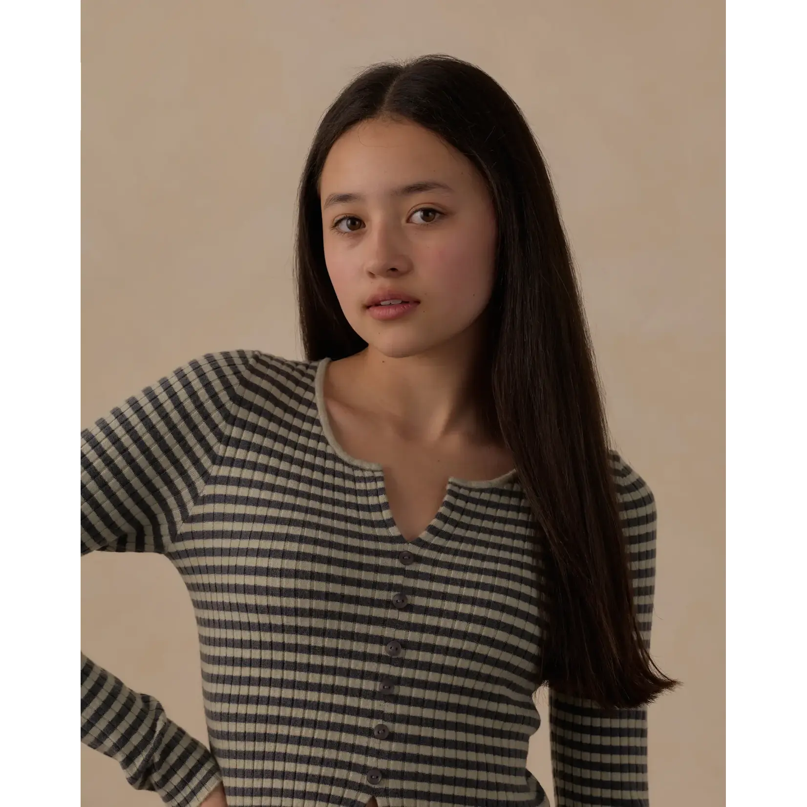 Rylee + Cru Rylee + Cru Midnight Stripe L/S Knit Tee & Flare Rib Pant Set