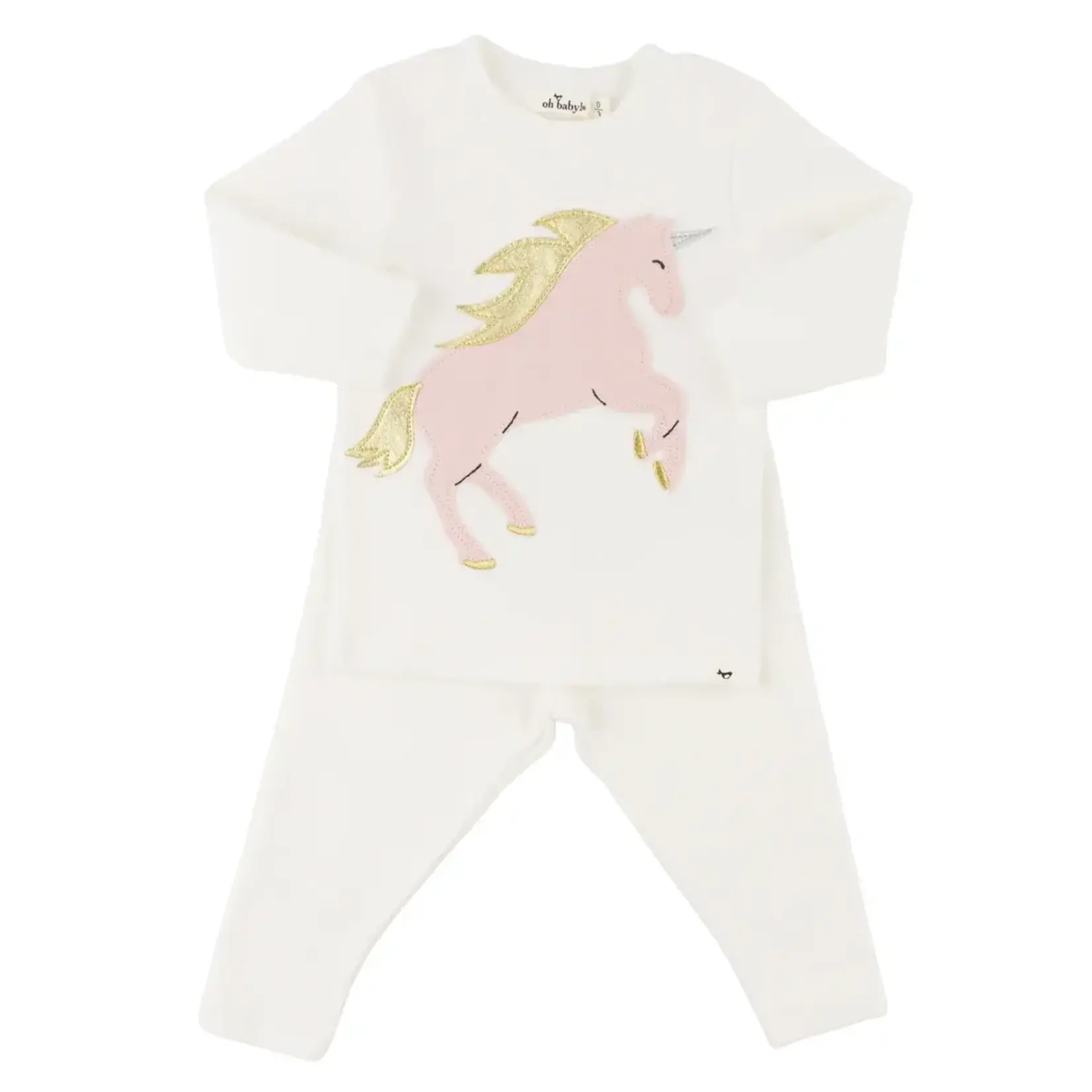 Oh Baby! Oh Baby Cream Prancing Unicorn Applique L/S 2PC Set