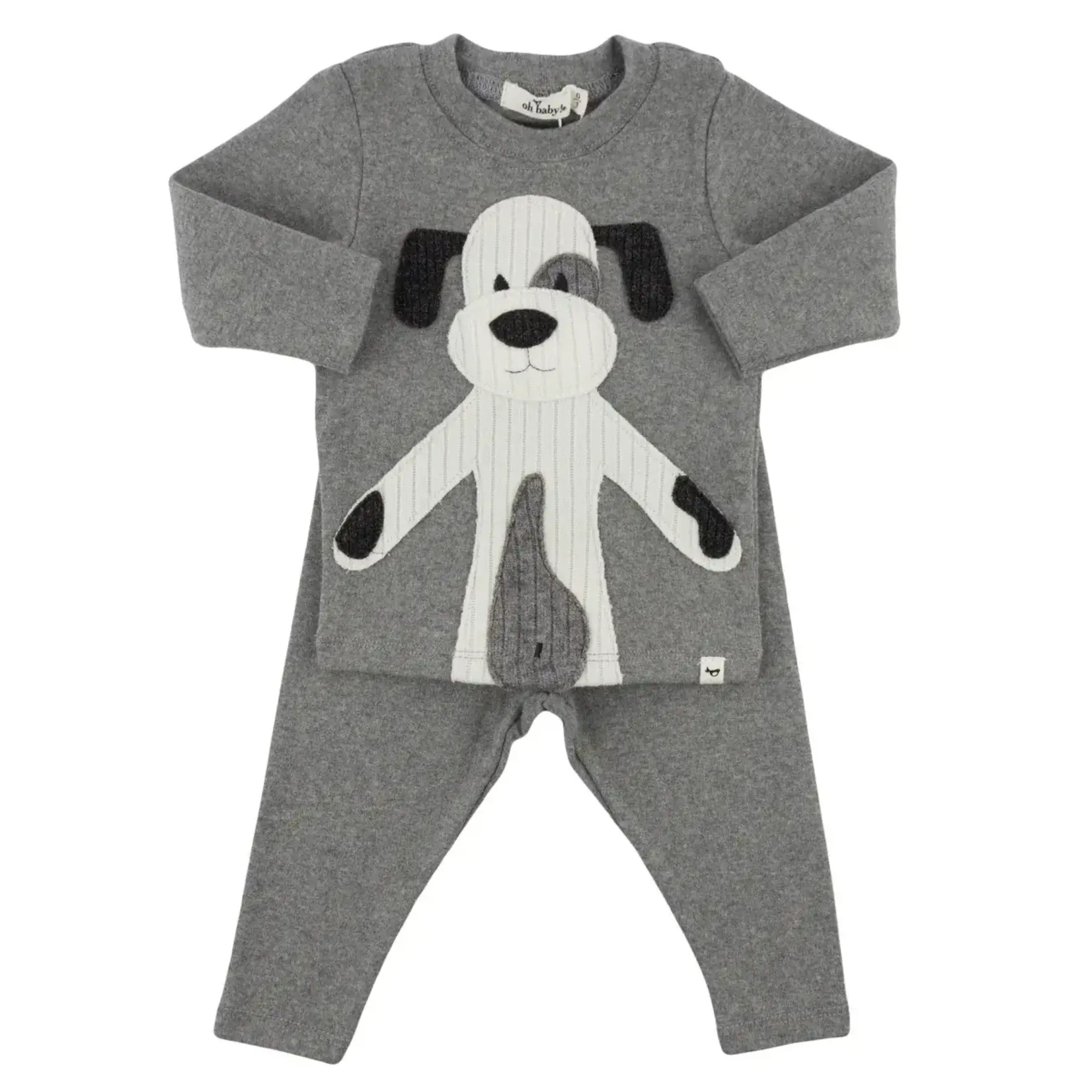Oh Baby! Oh Baby Coal Large Cream Puppy Applique L/S 2PC Set