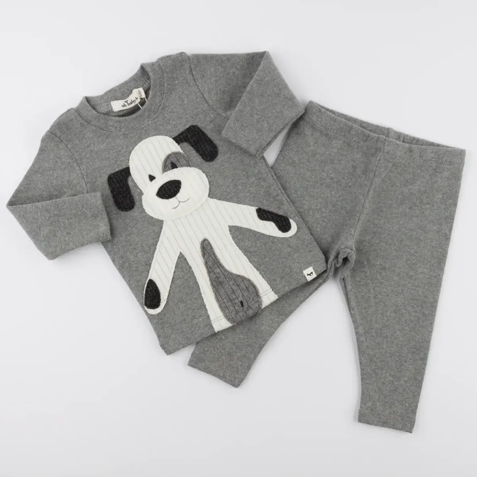 Oh Baby! Oh Baby Coal Large Cream Puppy Applique L/S 2PC Set