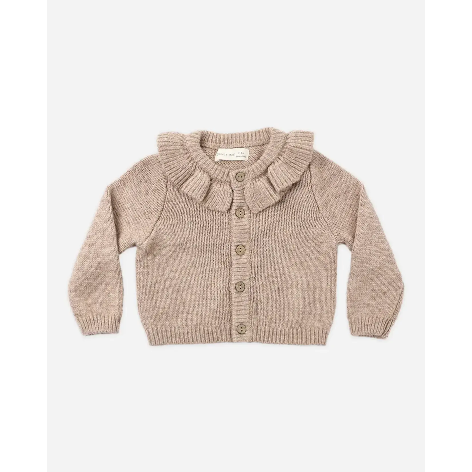 Quincy Mae Quincy Mae Heathered Almond Ruffle Collar Cardigan Top & Knit Pant Set