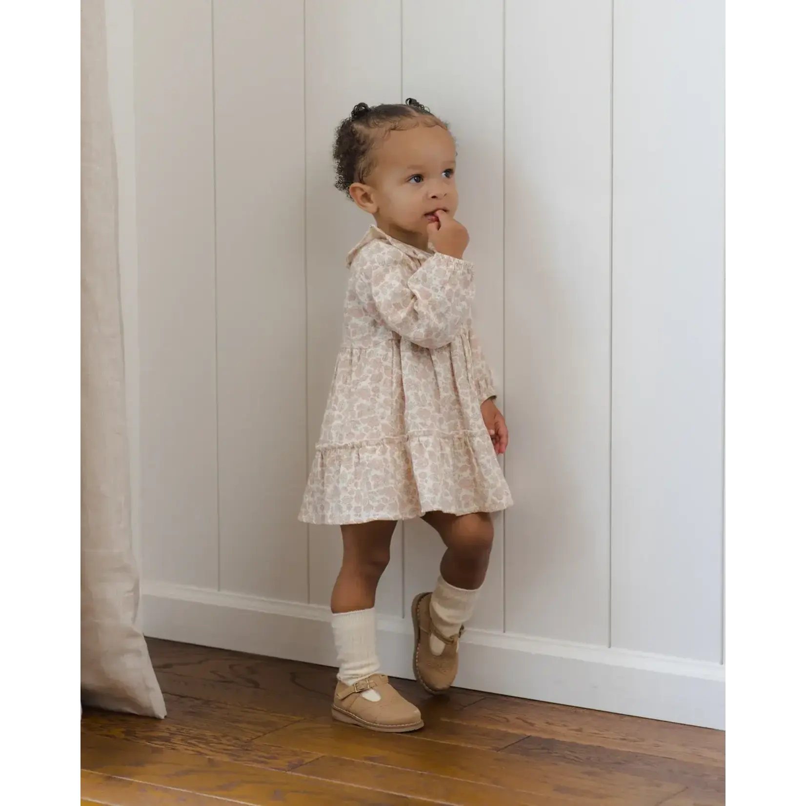Quincy Mae Quincy Mae Ivory Pink Blossom Ruffle Collar Button Dress