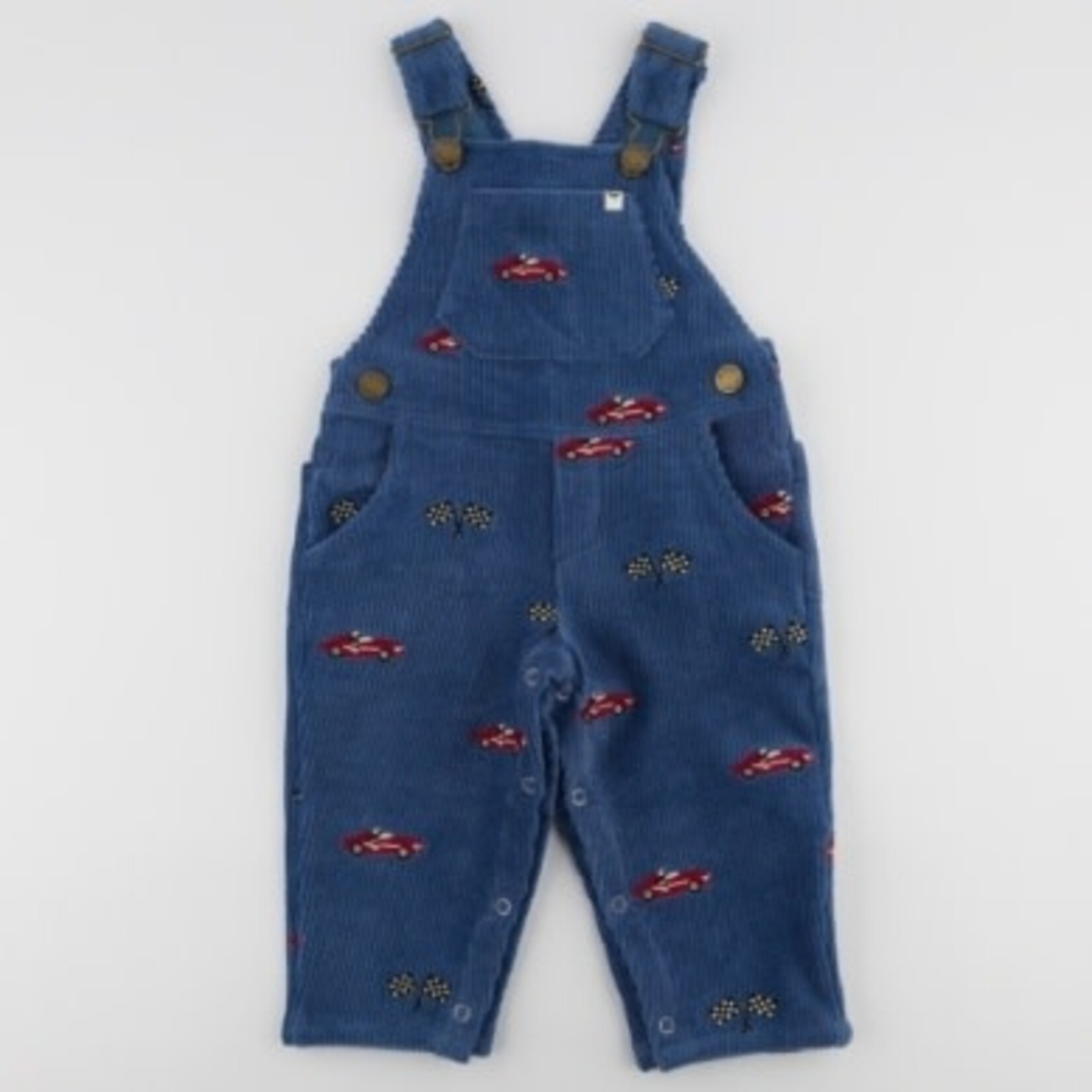 Oh Baby! Oh Baby Denim Racecar With Flags Embroidered Overalls