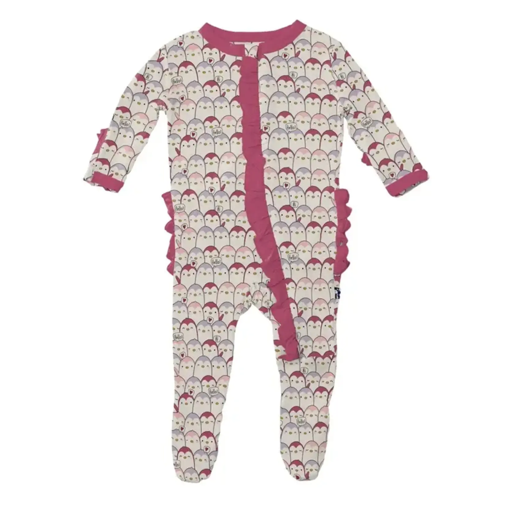 KicKee Pants Kickee Pants Baby Rose Penguins Print Layette Ruffle Footie with 2 Way Zipper
