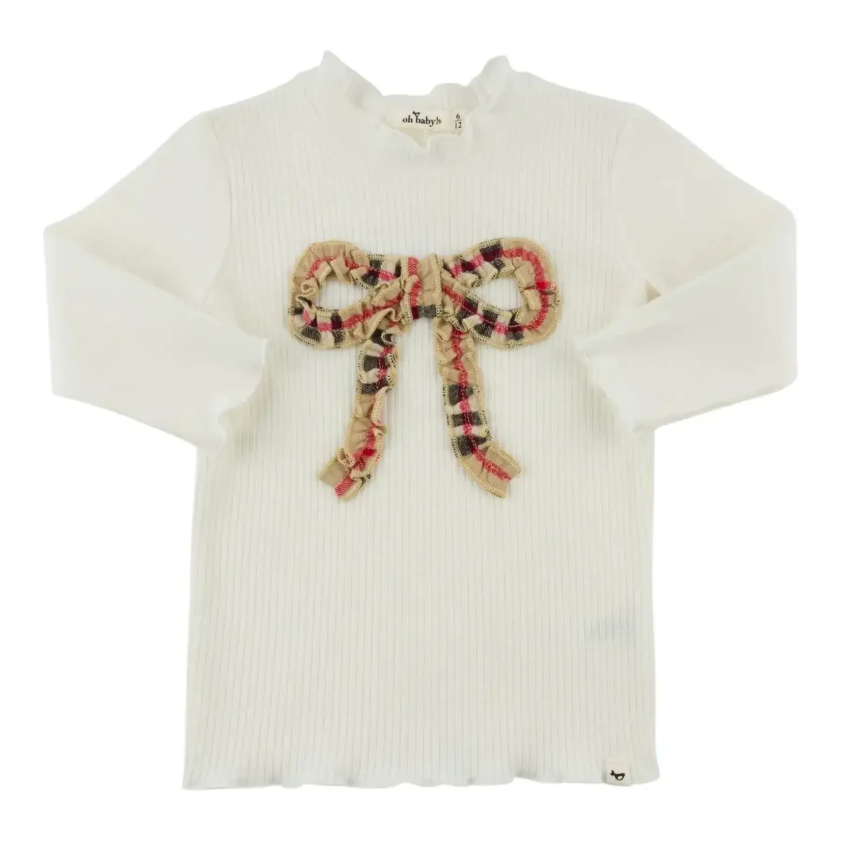 Oh Baby! Oh Baby Cream Mini Tartan Ruffle Bow Mock Neck Top