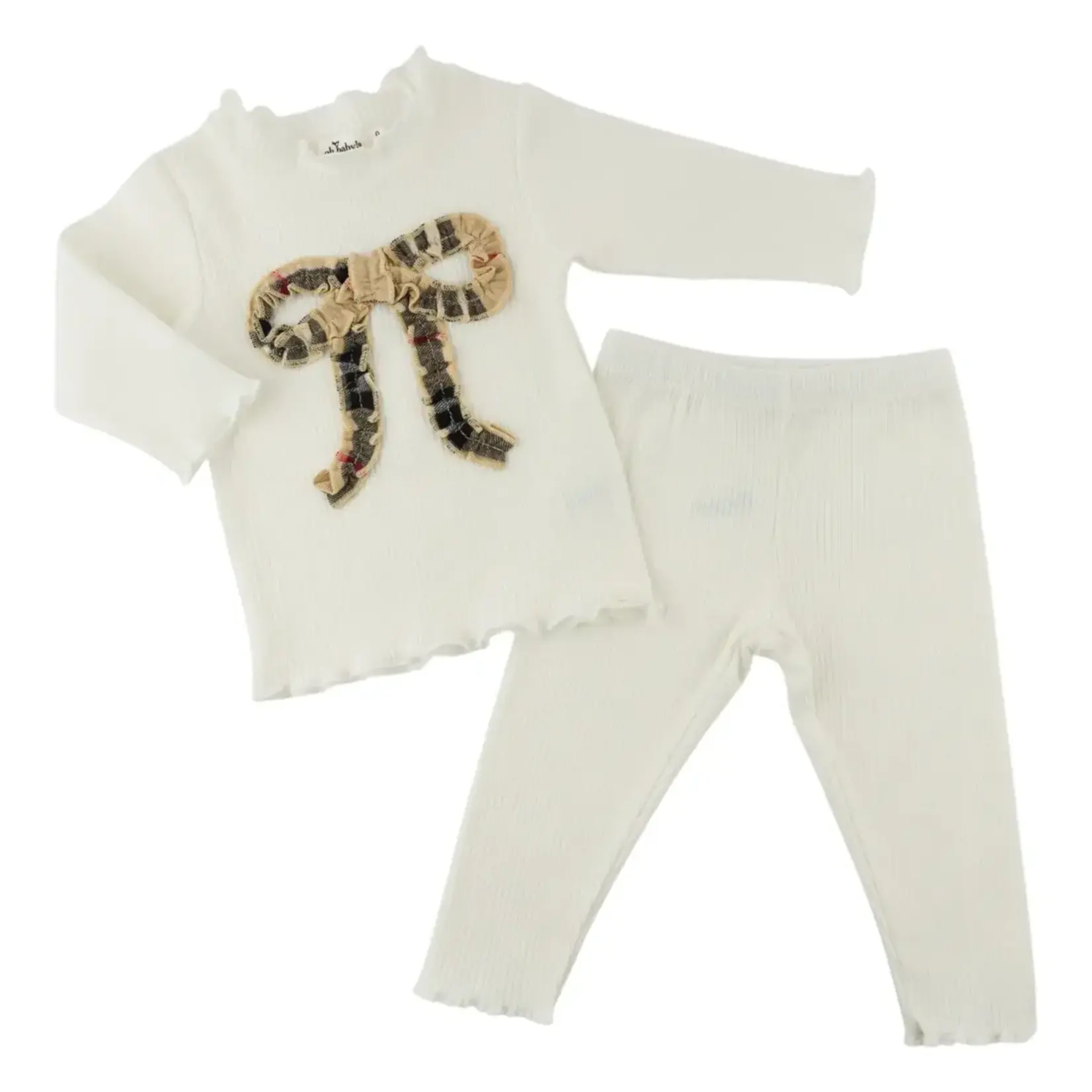 Oh Baby! Oh Baby Cream Mini Tartan Classic Ruffle Bow Mock Neck 2pc Set