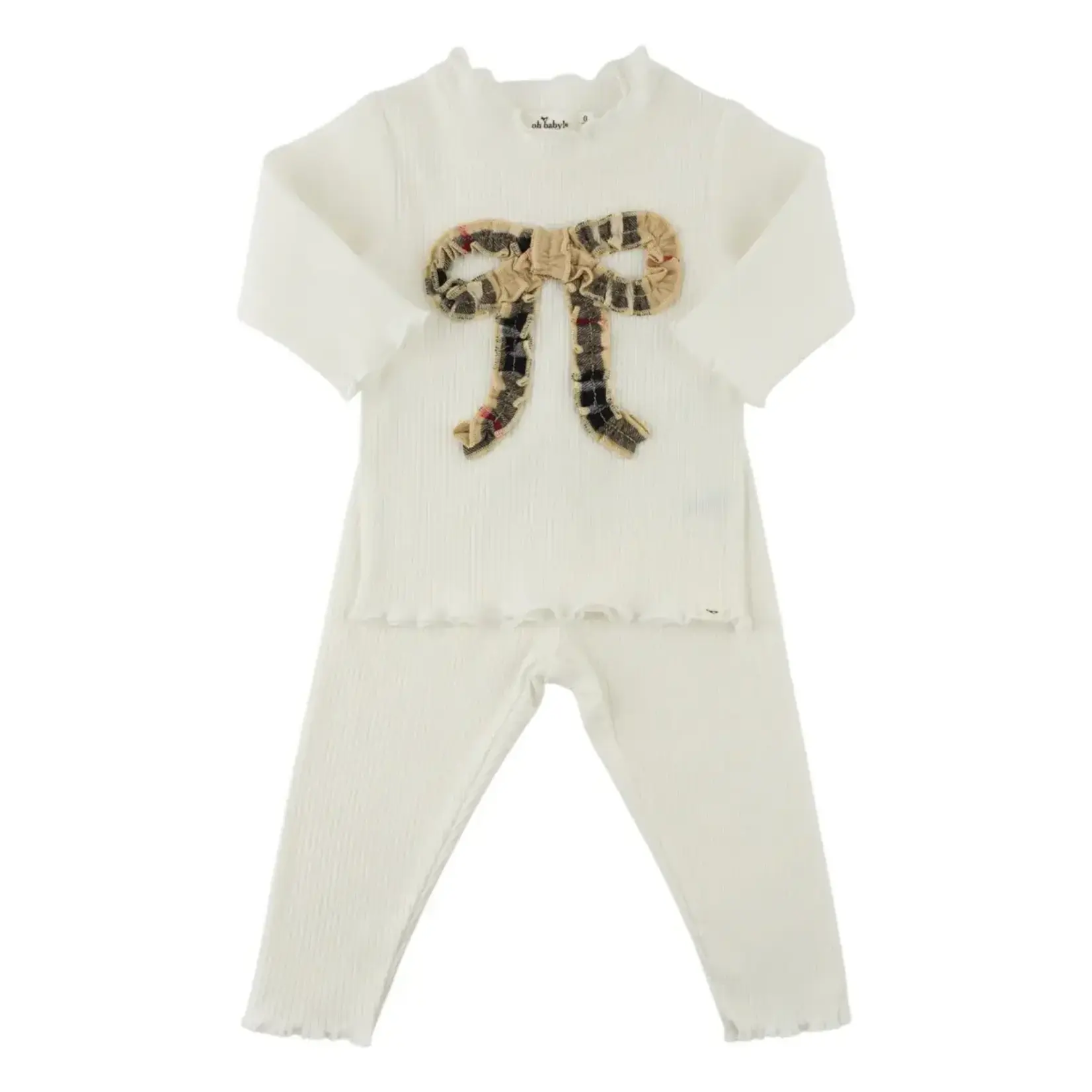 Oh Baby! Oh Baby Cream Mini Tartan Classic Ruffle Bow Mock Neck 2pc Set