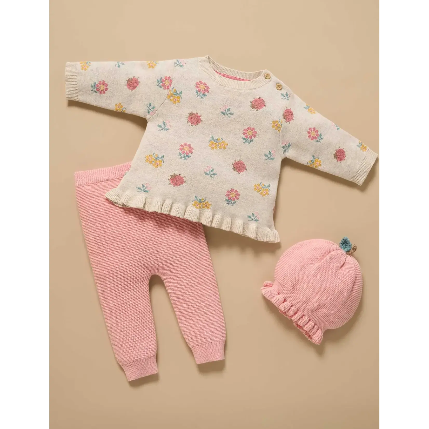 Purebaby Purebaby Ladybird Jacquard Jumper & Blush Knitted Legging Set
