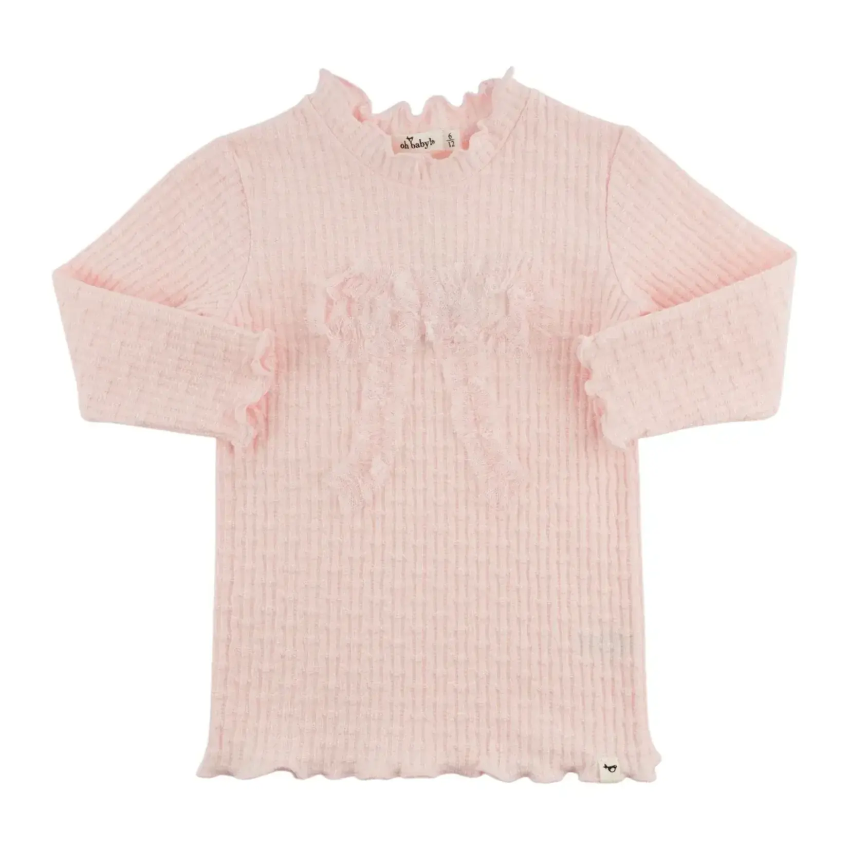 Oh Baby! Oh Baby Barely Pink Mini Bow Rib Ruffle Bow Mock Neck Top