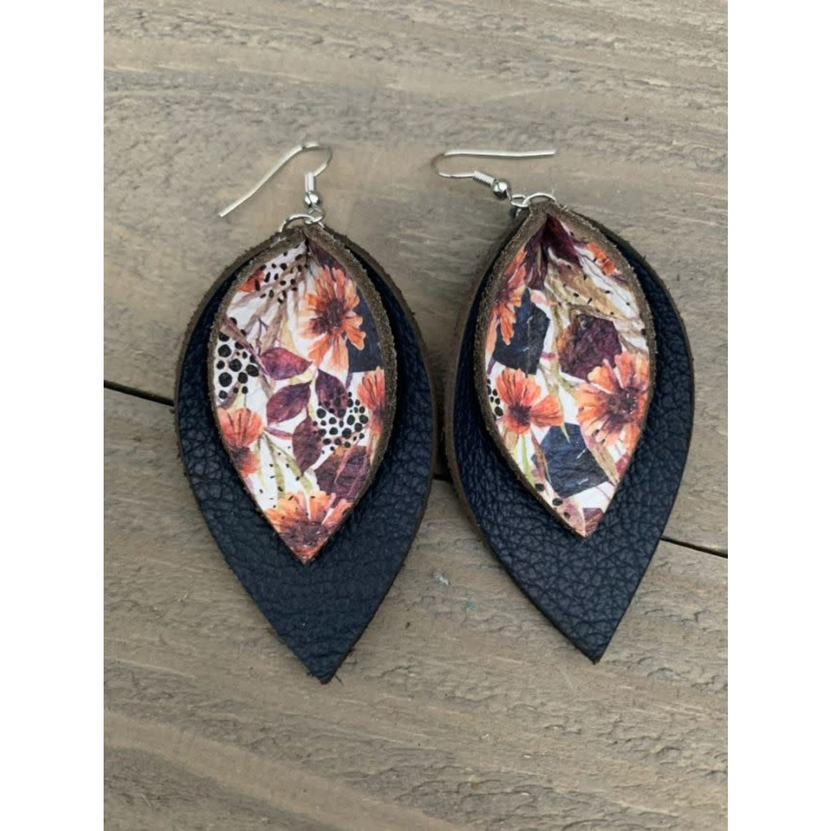 Jill's Jewels Navy Floral Double Layer Leather Earrings