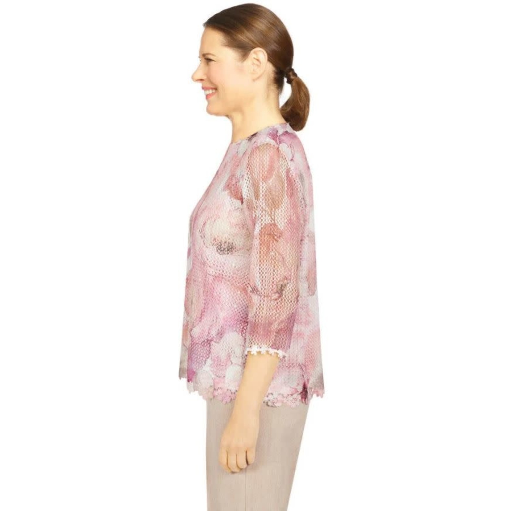 Alfred Dunner Floral Mesh Lace Top Petite