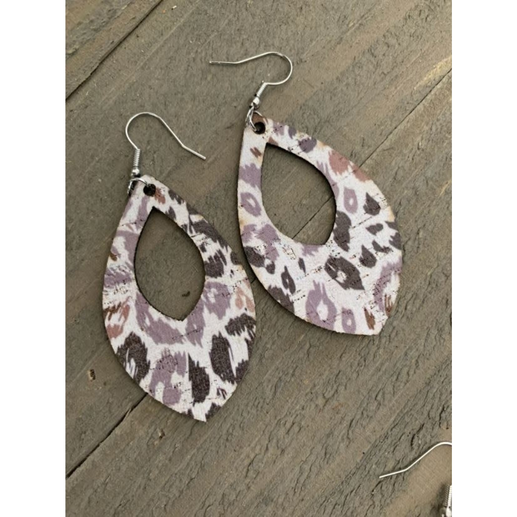 Jill's Jewels Grey & Brown Leopard Cork & Leather Teardrop Earrings