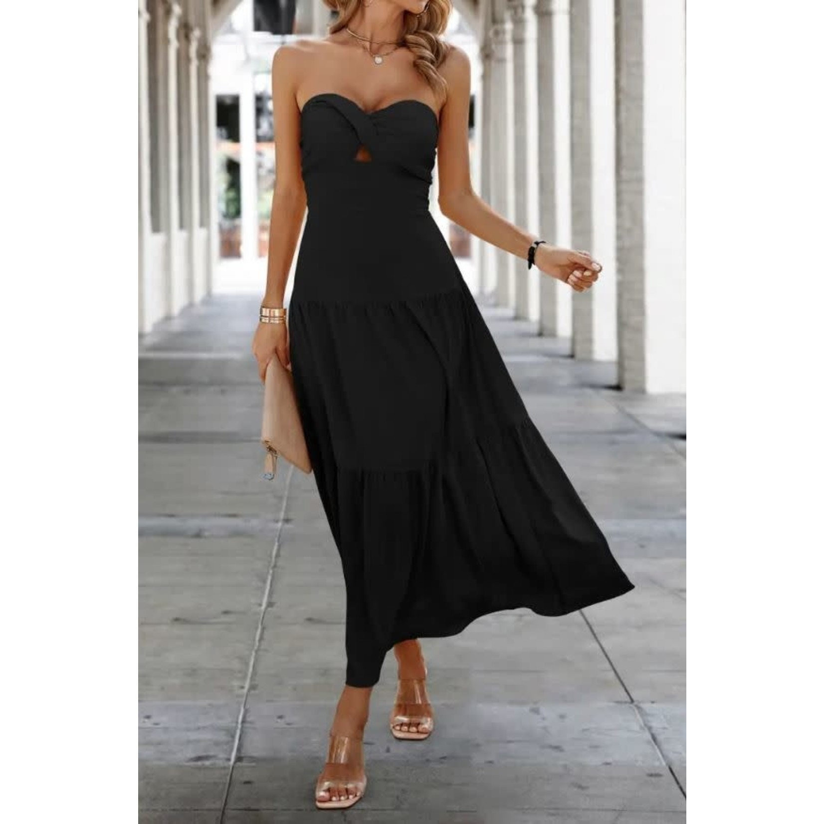 ePretty Strapless Twist Cut Out Tiered Midi Dress