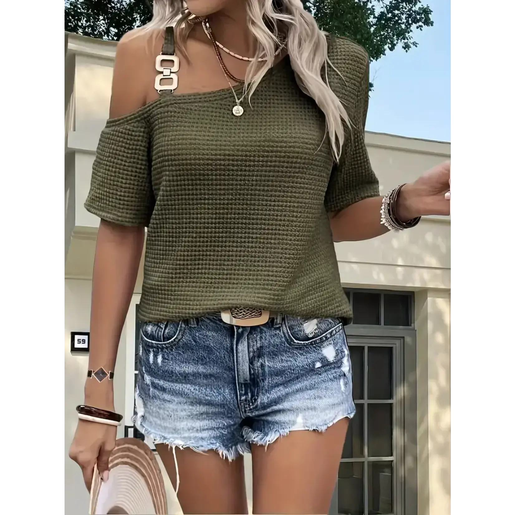 GGS Cold Shoulder Chain Strap Top Olive