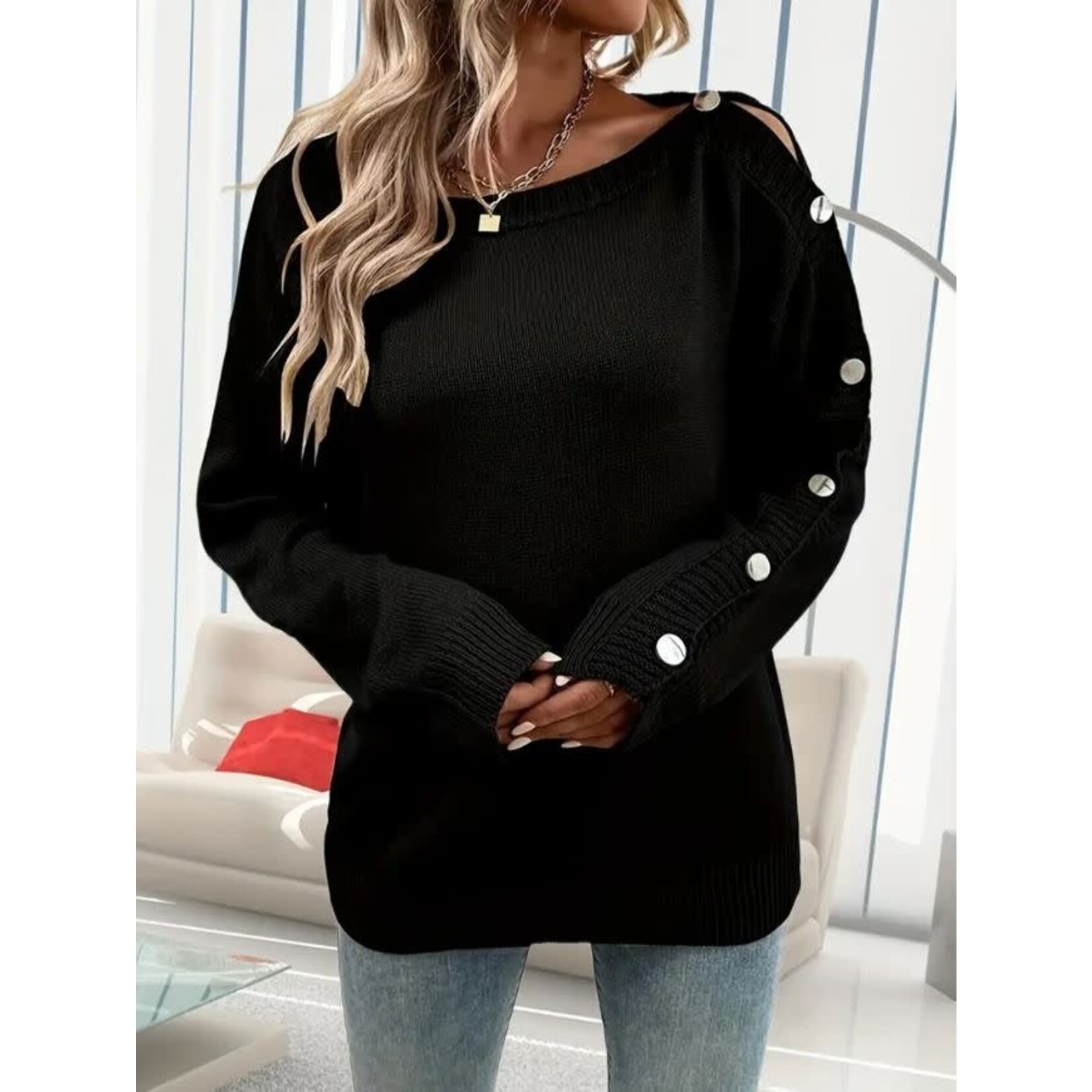 GGS Wide Neck Button Sleeve Sweater Black