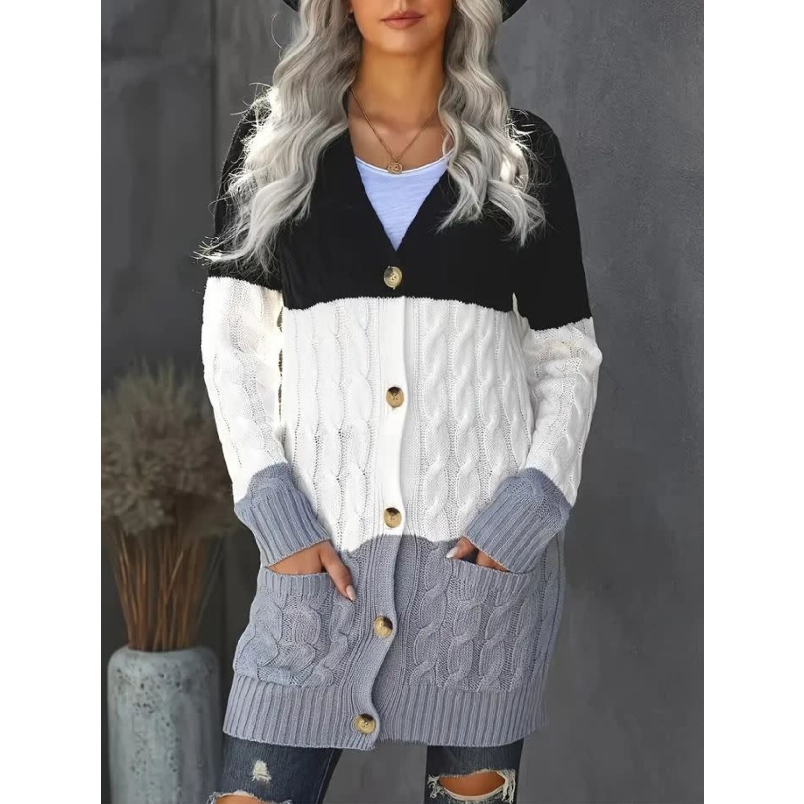 GGS Color Block Button Down Cable Knit Cardigan Grey Multi
