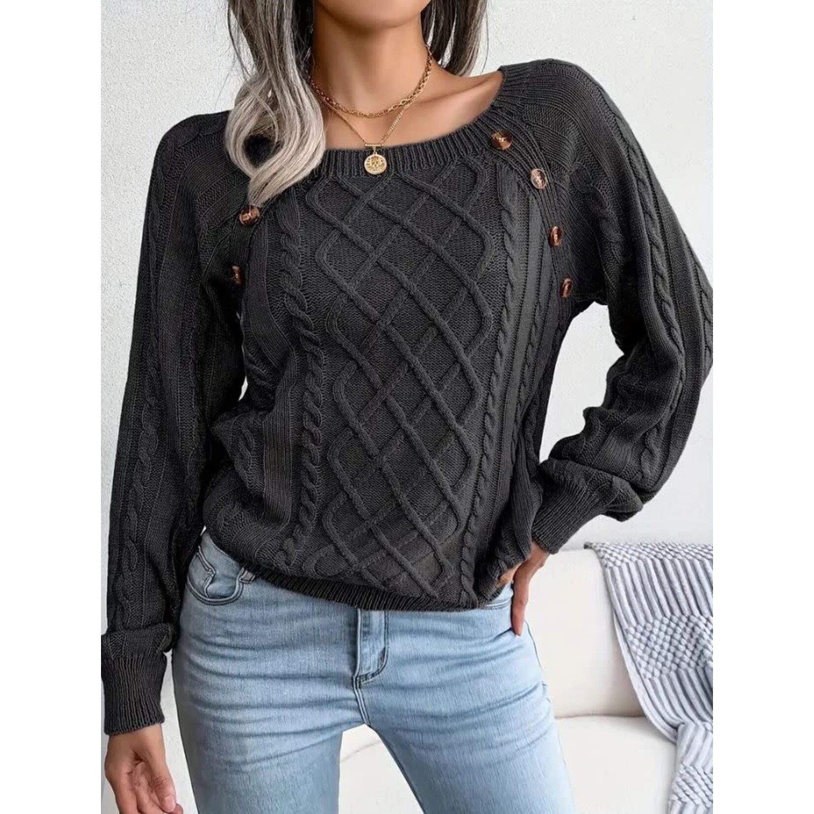 GGS Cable Knit Button Detail Sweater Black