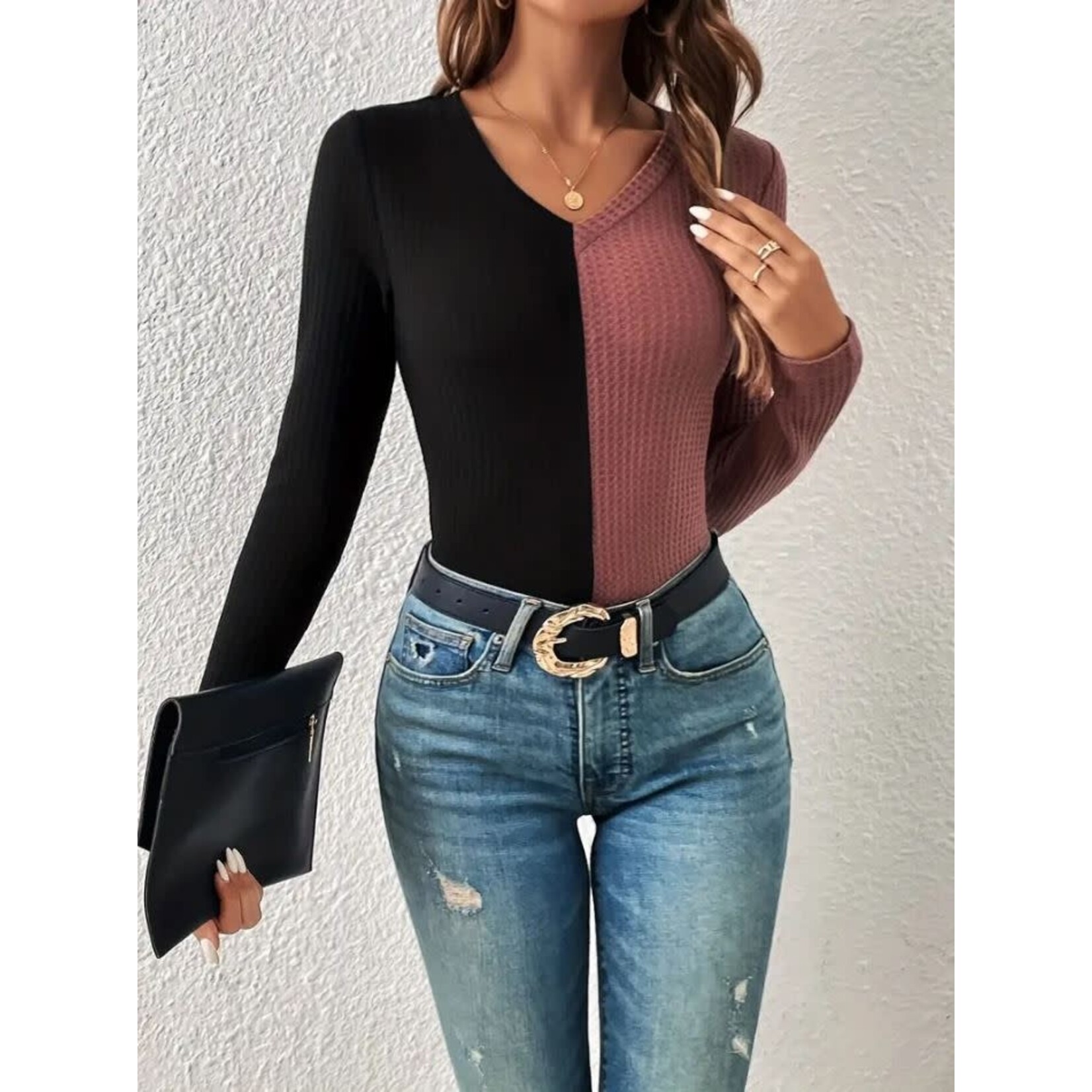 GGS Color Block Waffle Knit Top Black Dusty Rose