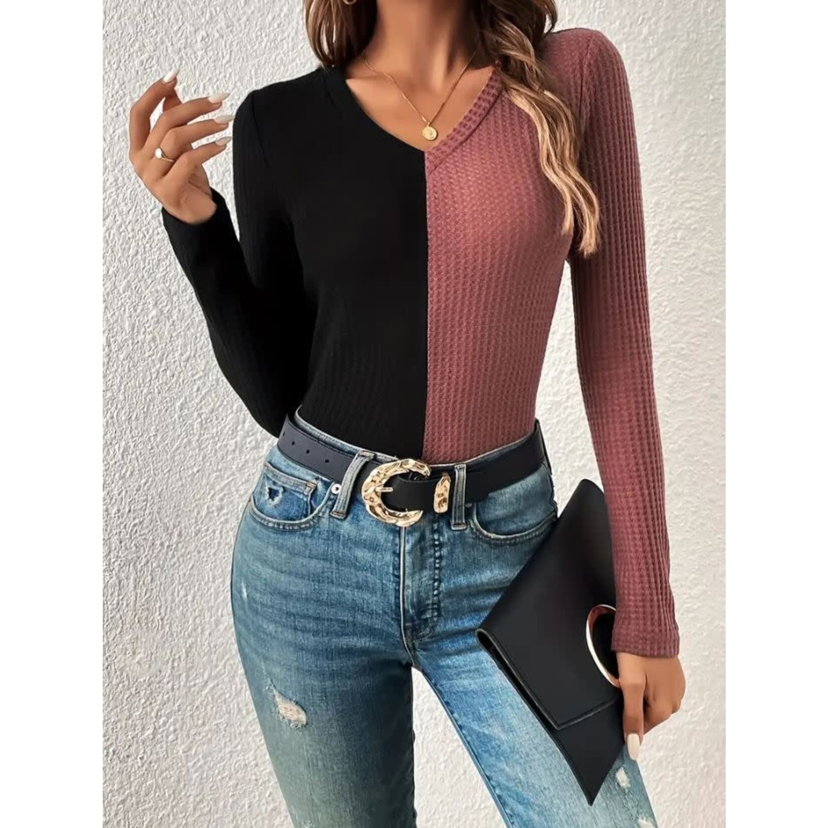 GGS Color Block Waffle Knit Top Black Dusty Rose