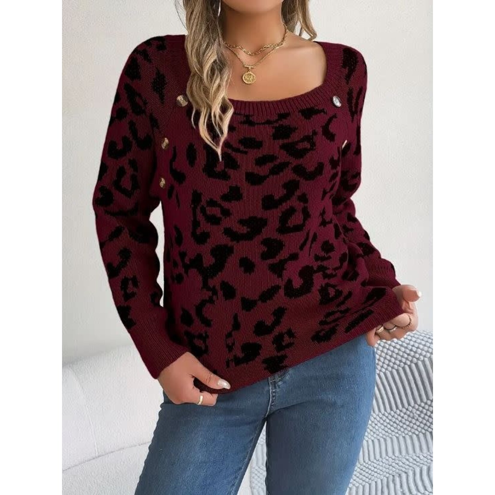 GGS Leopard Button Detail Sweater Burgundy