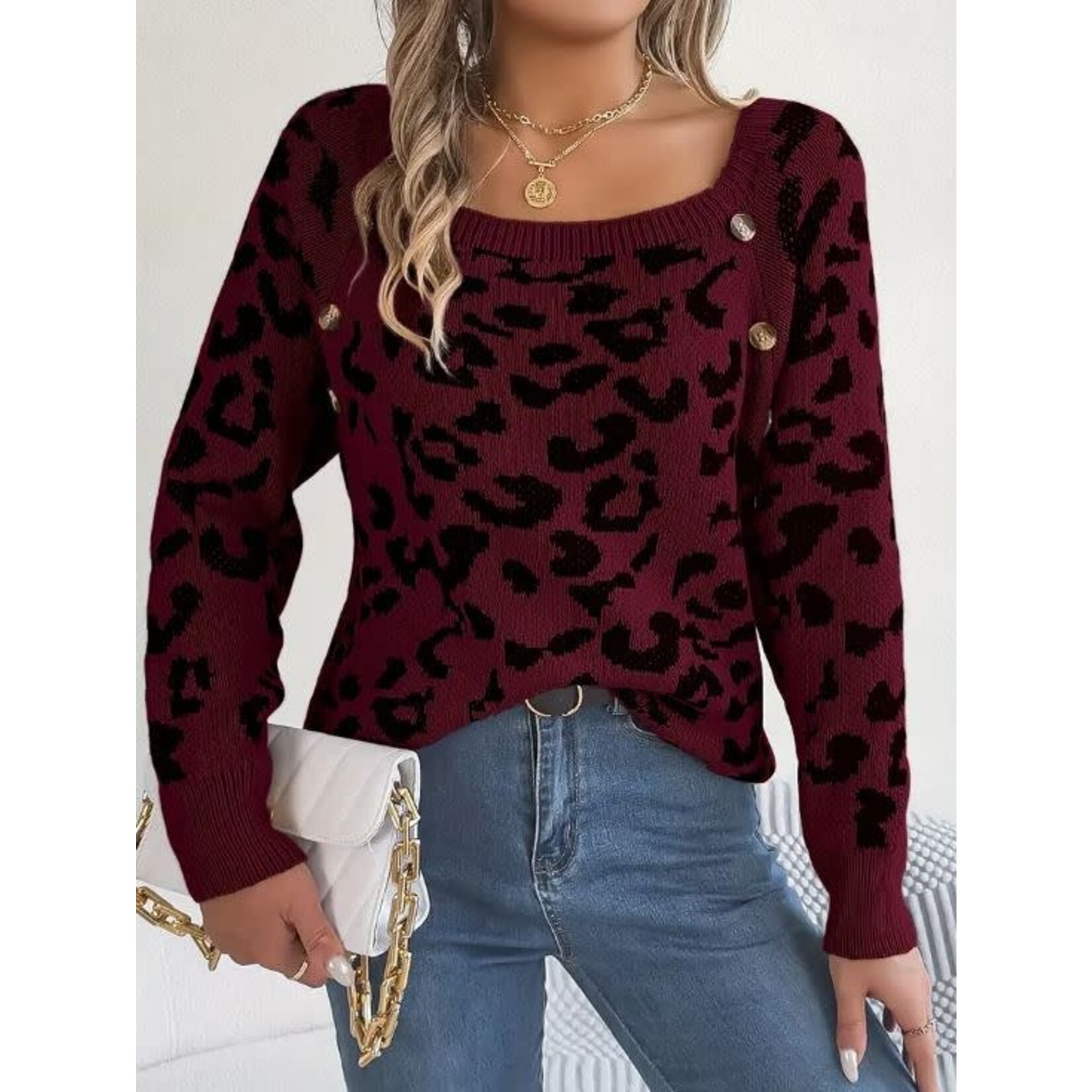 GGS Leopard Button Detail Sweater Burgundy