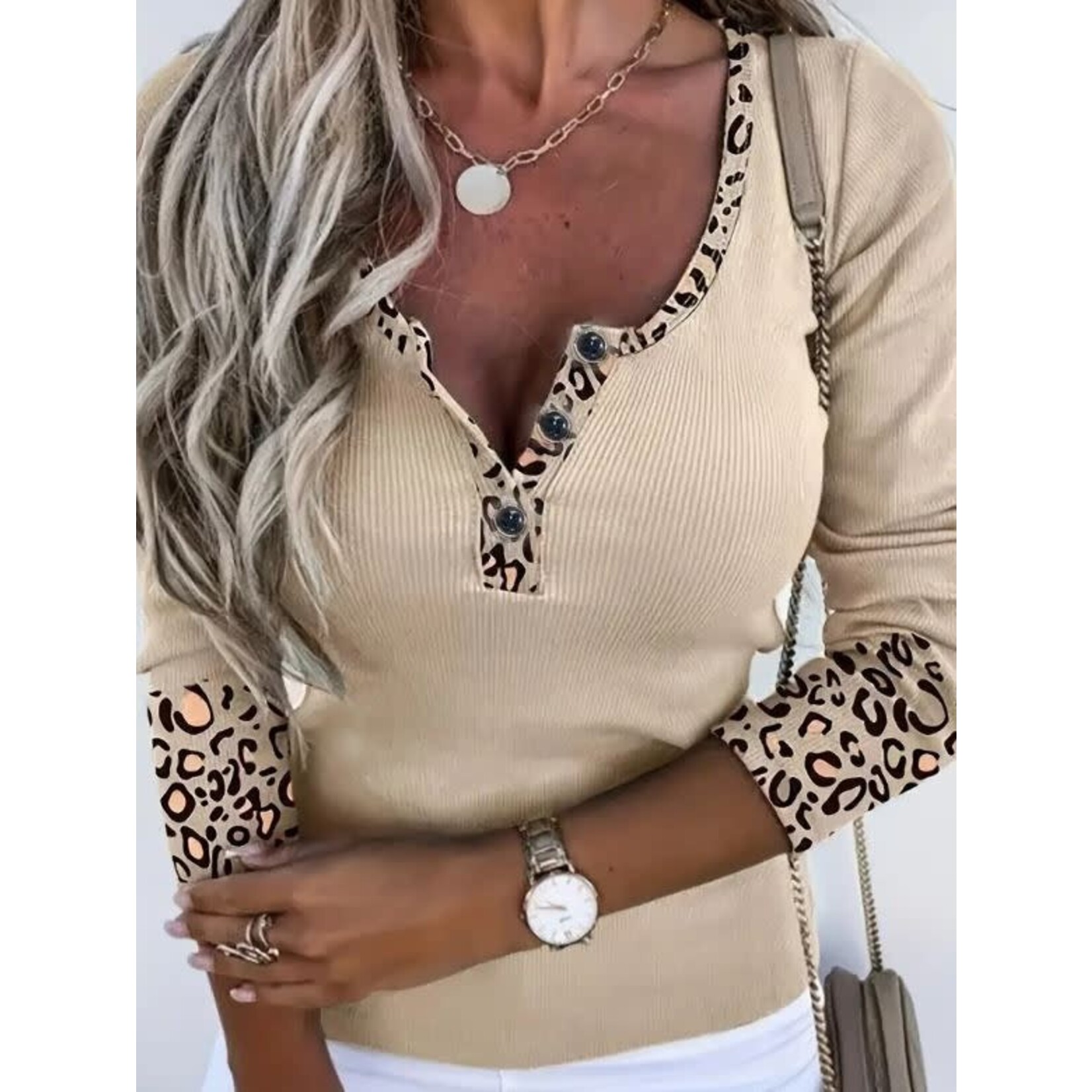 GGS Leopard Trim Ribbed Top Apricot