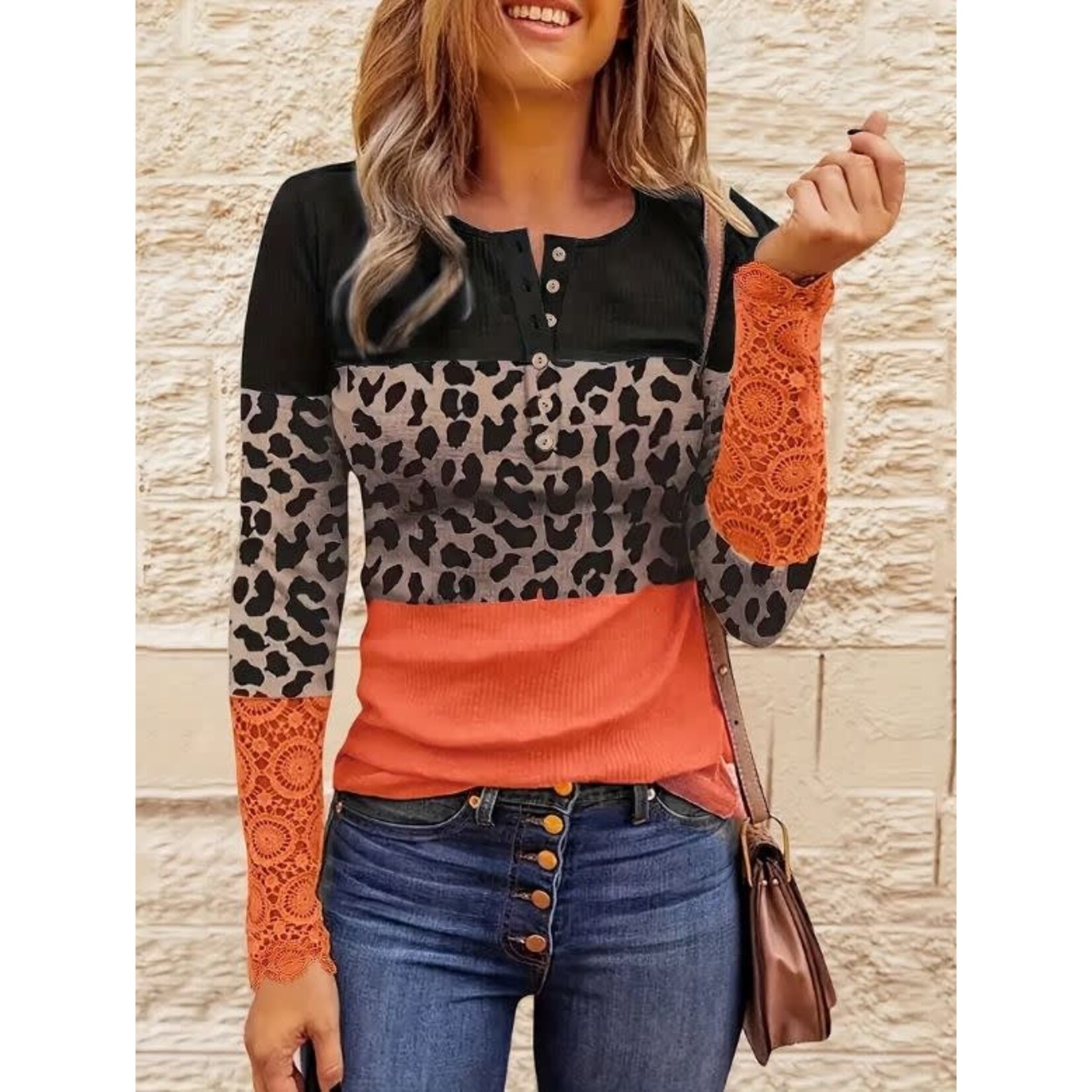 GGS Leopard Print Lace Detail Top Orange Multi