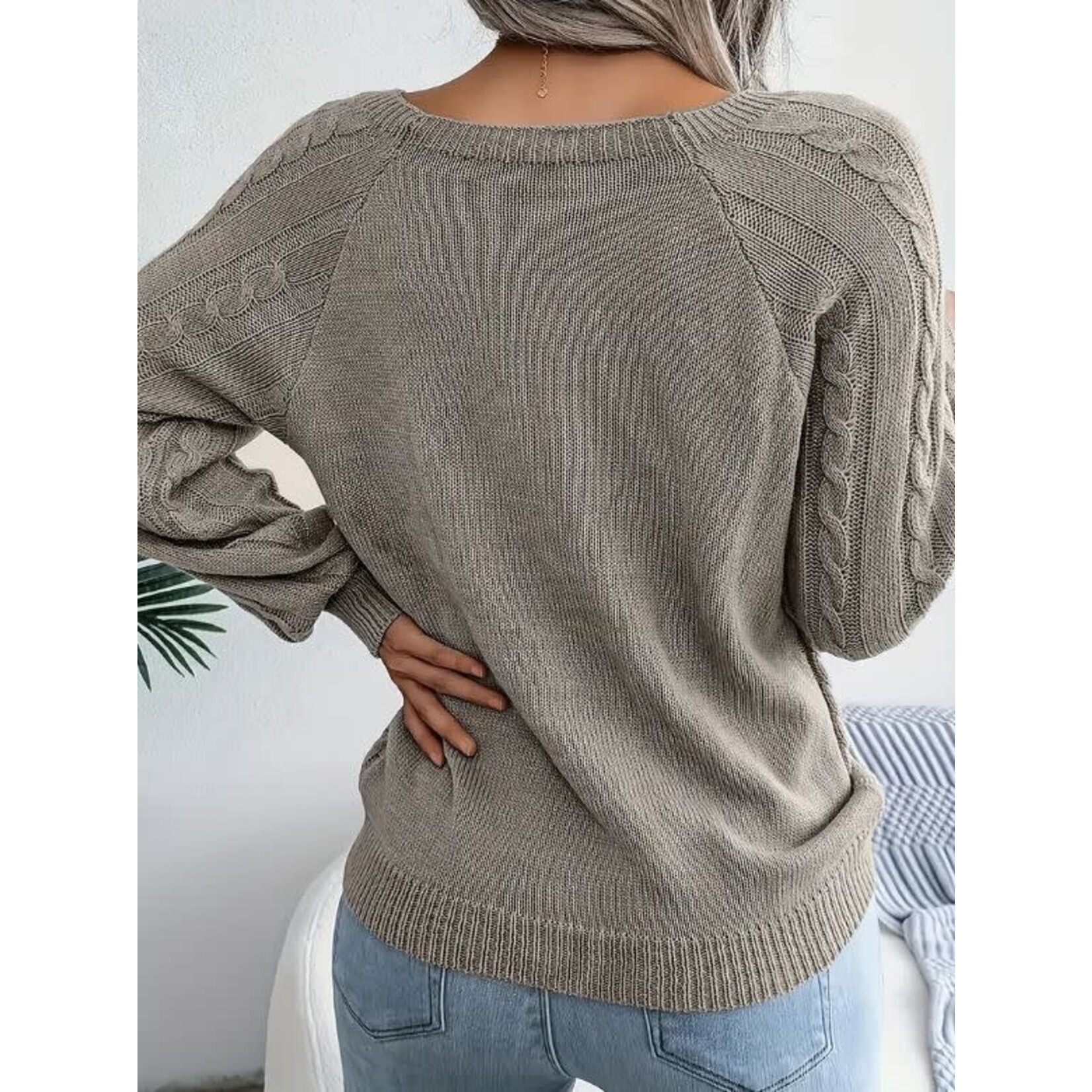 GGS Cable Knit Button Detail Boat Neck Sweater Grey