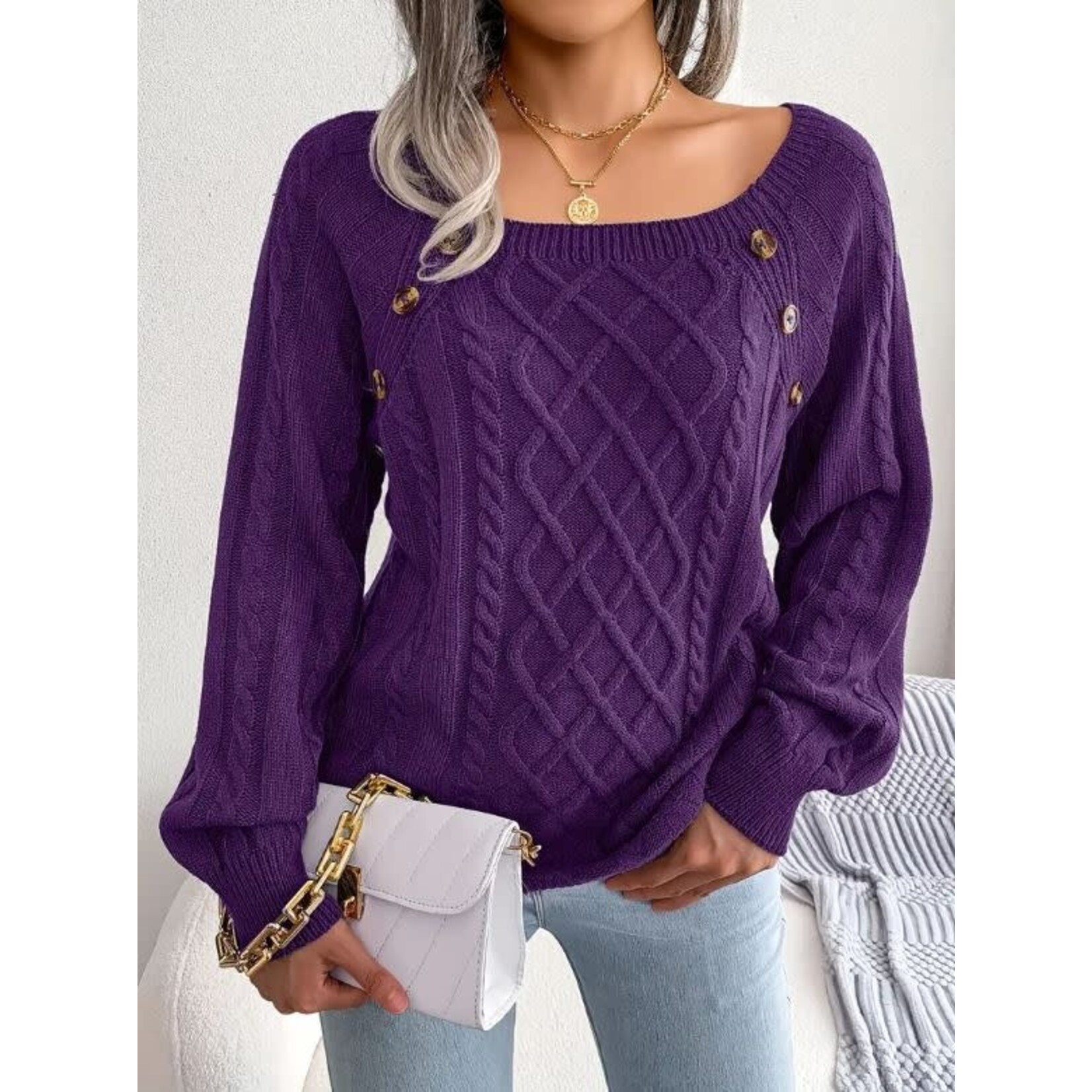 GGS Cable Knit Button Detail Boat Neck Sweater Purple