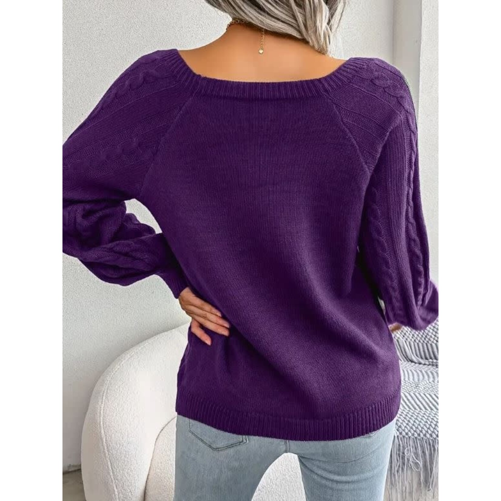 GGS Cable Knit Button Detail Boat Neck Sweater Purple