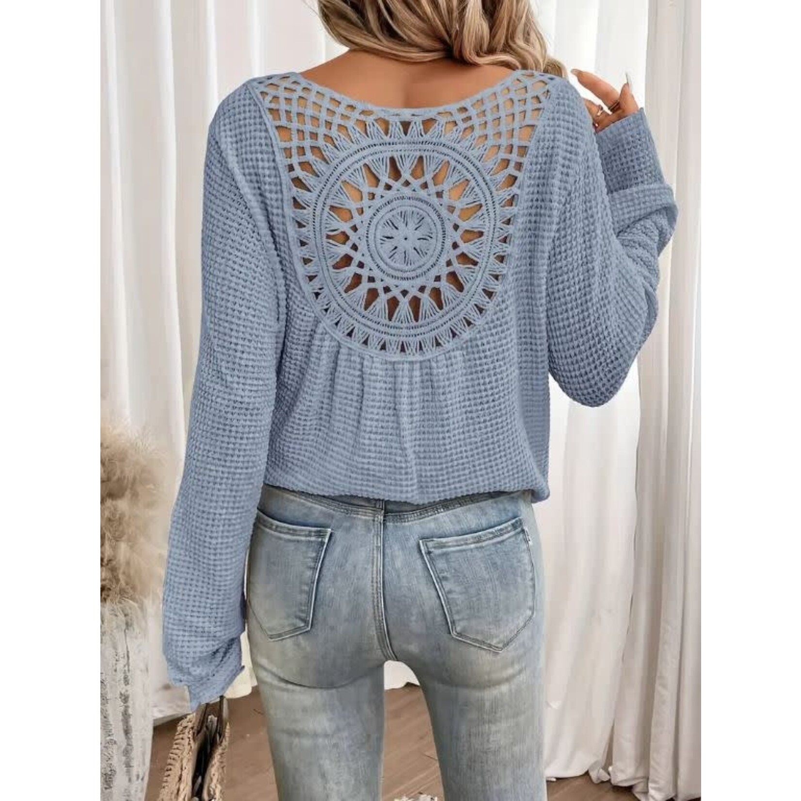 GGS Emma Waffle Knit Back Cutout Top Sky