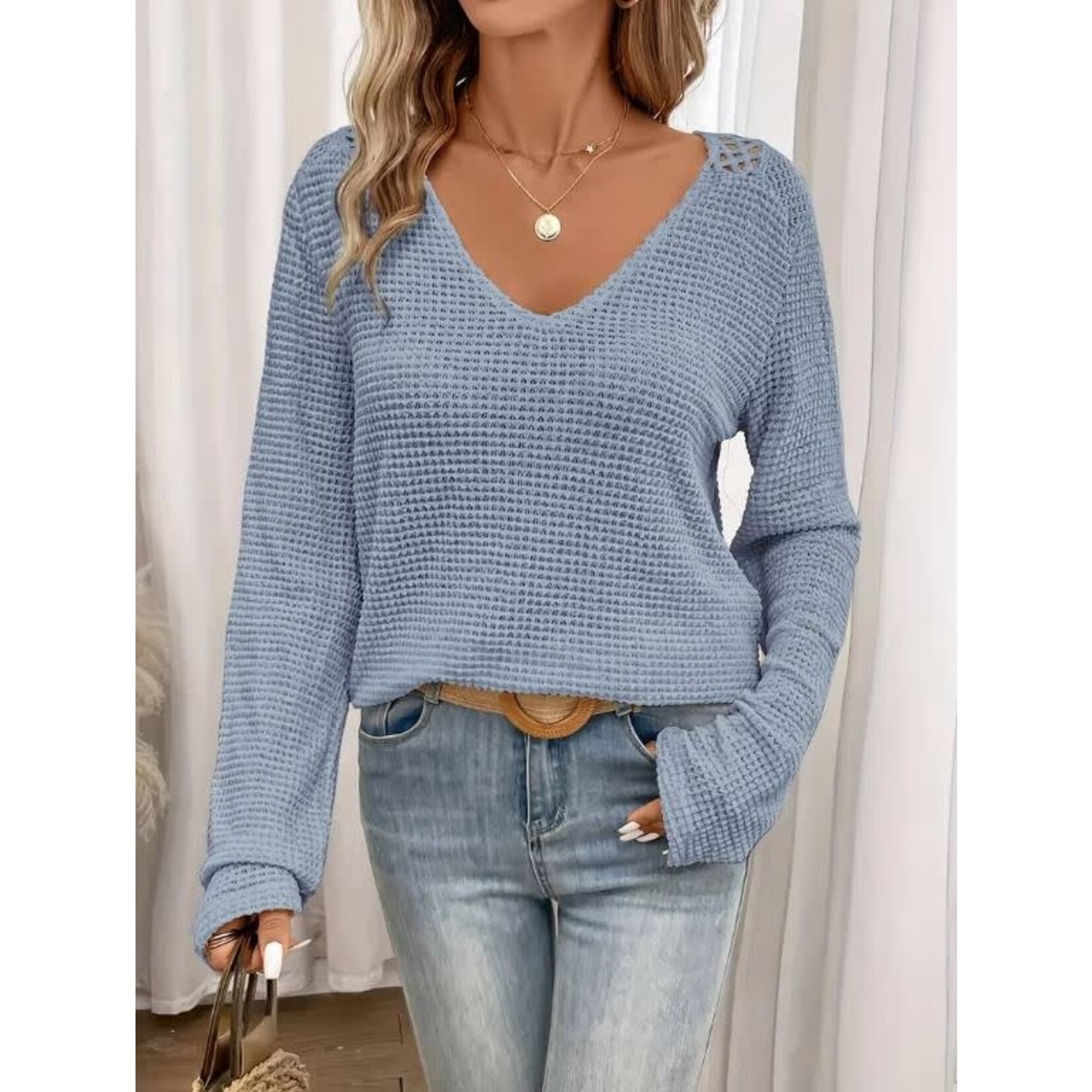 GGS Emma Waffle Knit Back Cutout Top Sky