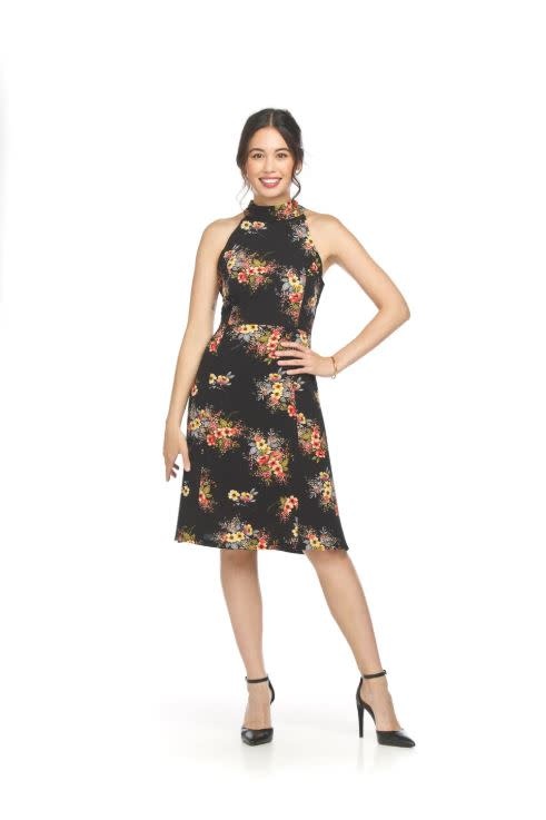 Crepe Floral Halter Neck Skater Dress PD18502BLK - FF2 Get Dressed