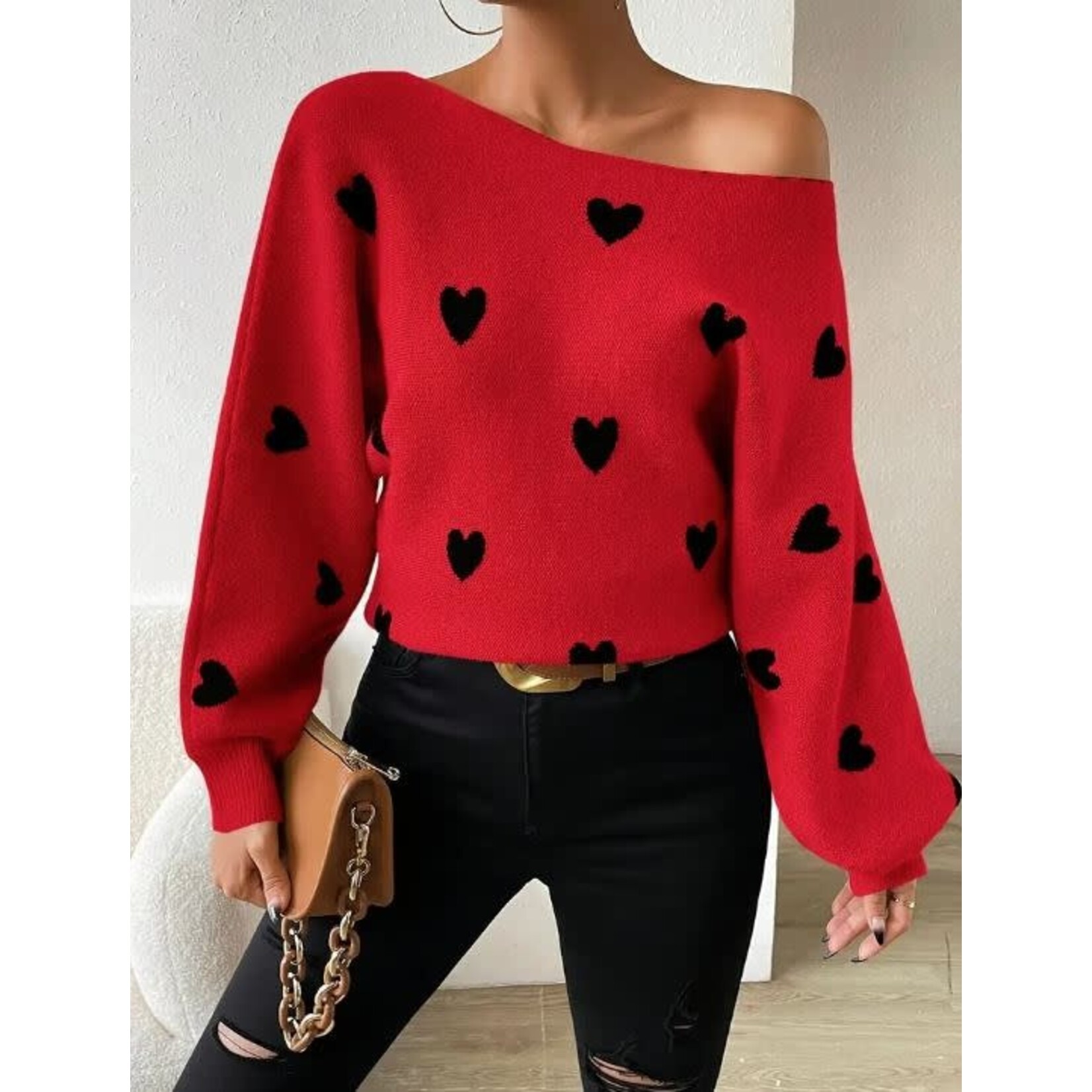 GGS Polly Off Shoulder Heart Sweater Red