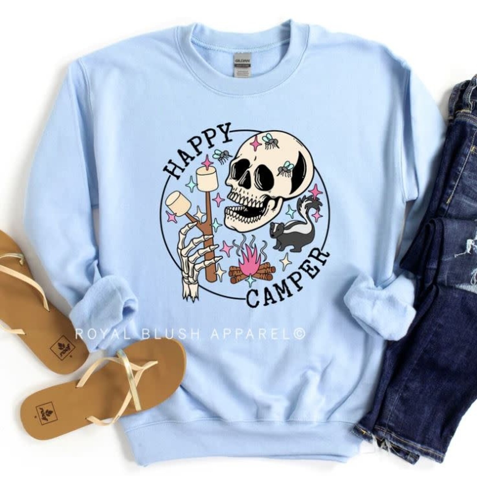 Royal Blush Happy Camper Sweatshirt Light Blue