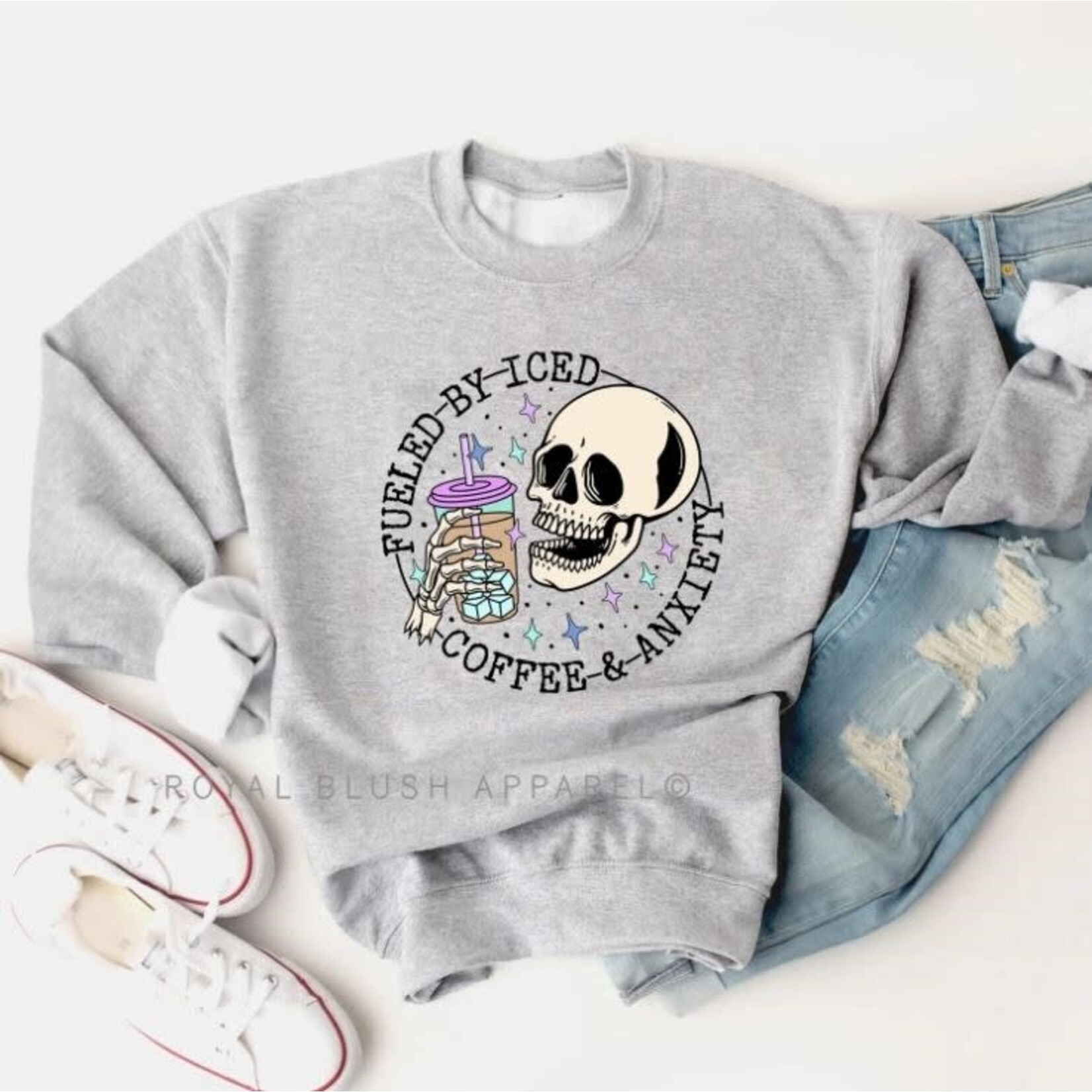 Royal Blush Fueled By Iced Coffee & Anxiety Sweatshirt Grey