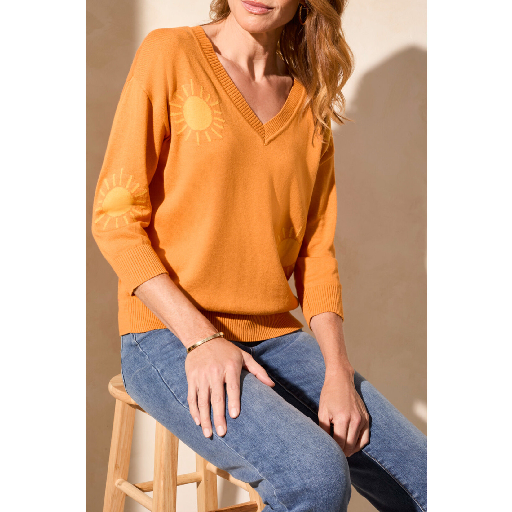 Tribal V-Neck 3/4 Sleeve Jacquard Sweater