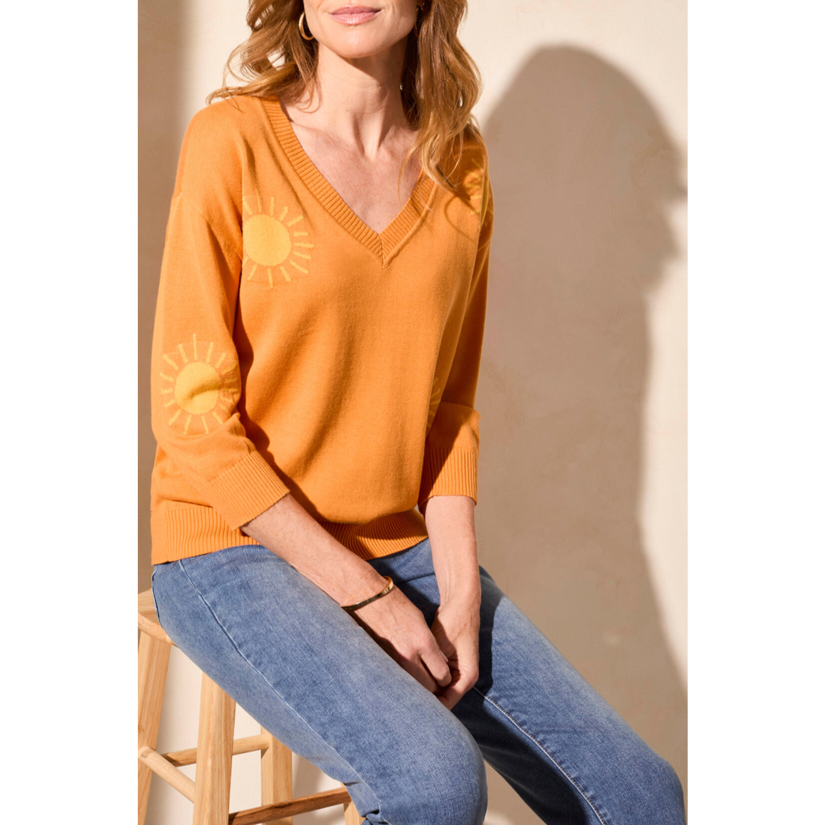 Tribal V-Neck 3/4 Sleeve Jacquard Sweater
