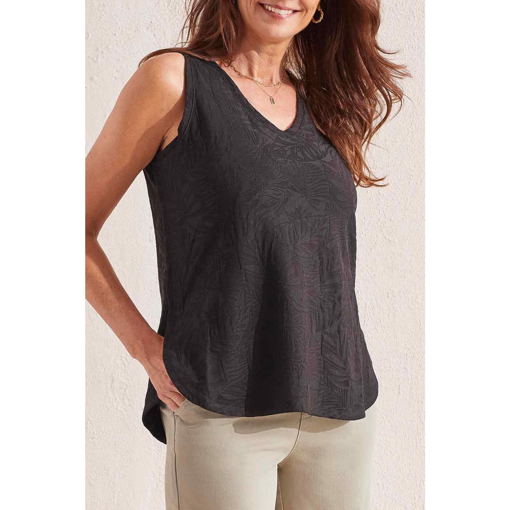 Tribal Textured V-Neck Curved Hem Tank