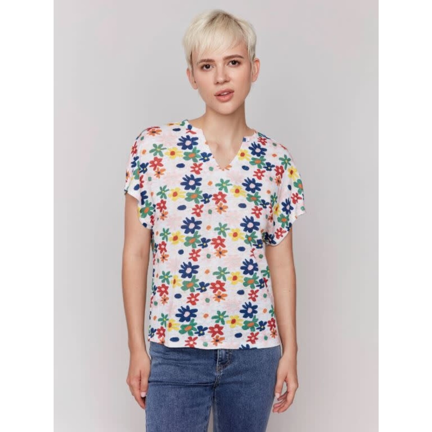 Charlie B Printed Split Neck Dolman Top