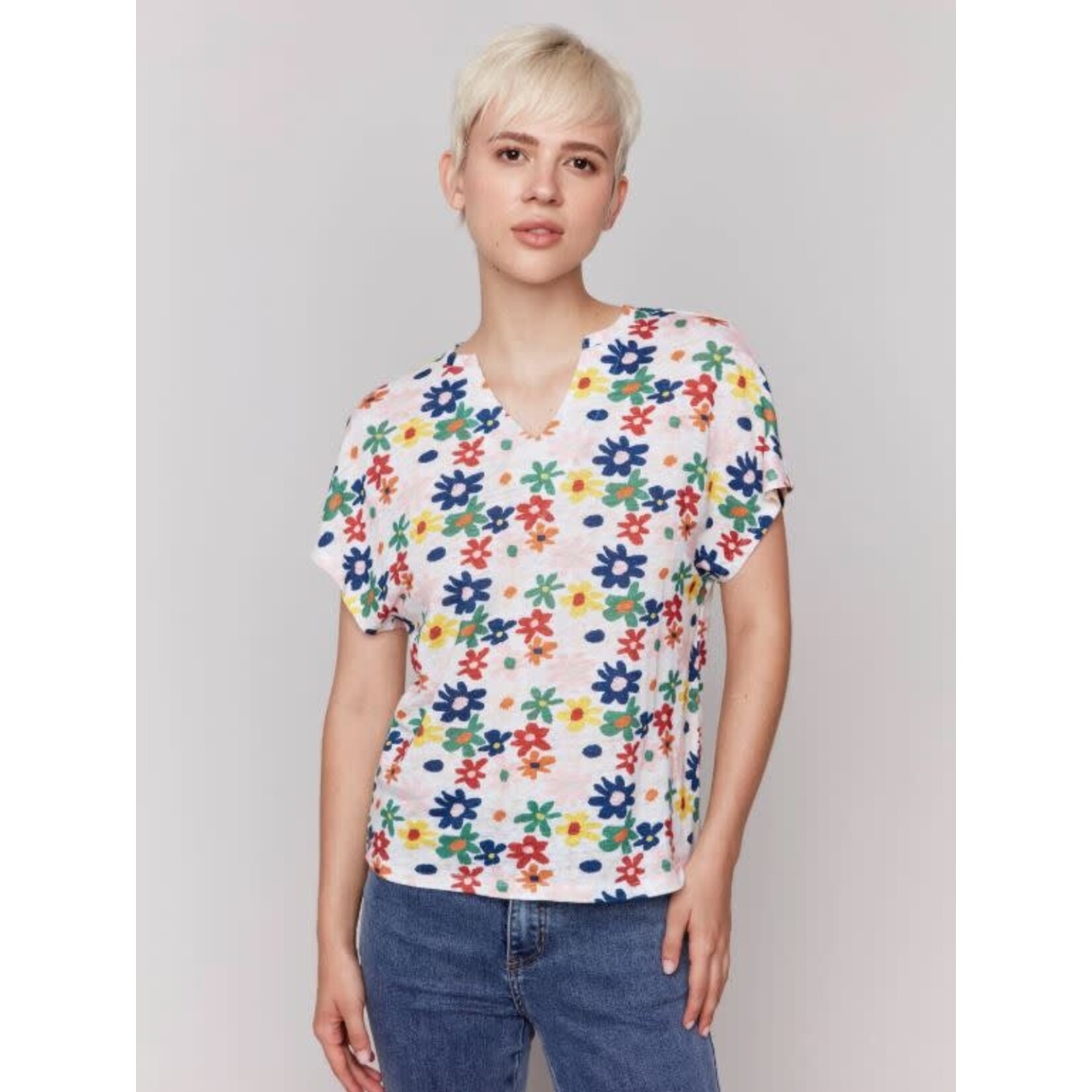 Charlie B Printed Split Neck Dolman Top