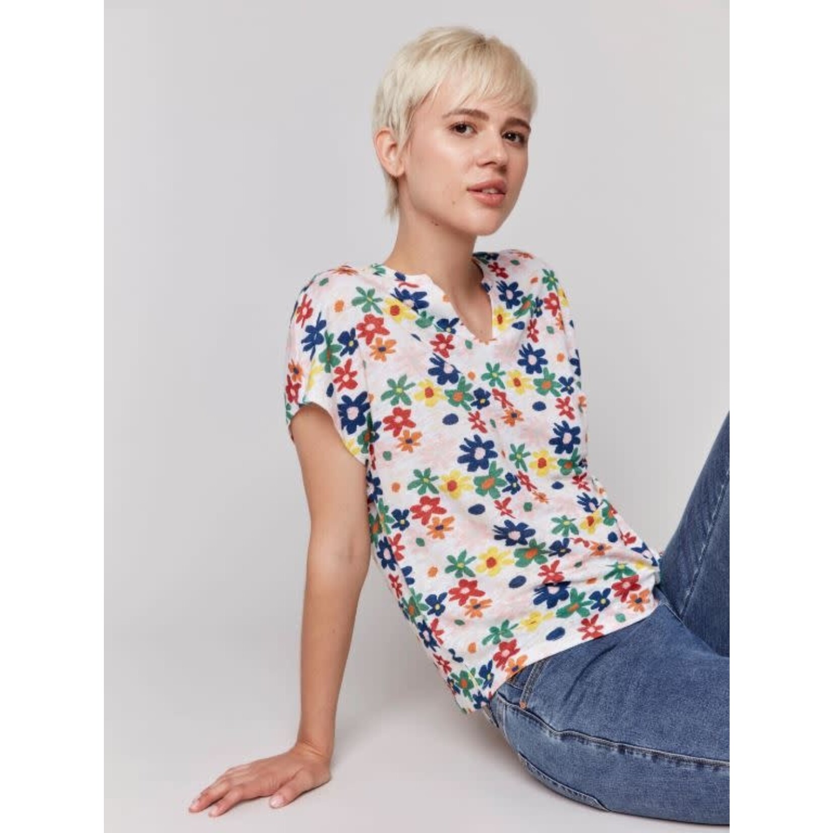 Charlie B Printed Split Neck Dolman Top