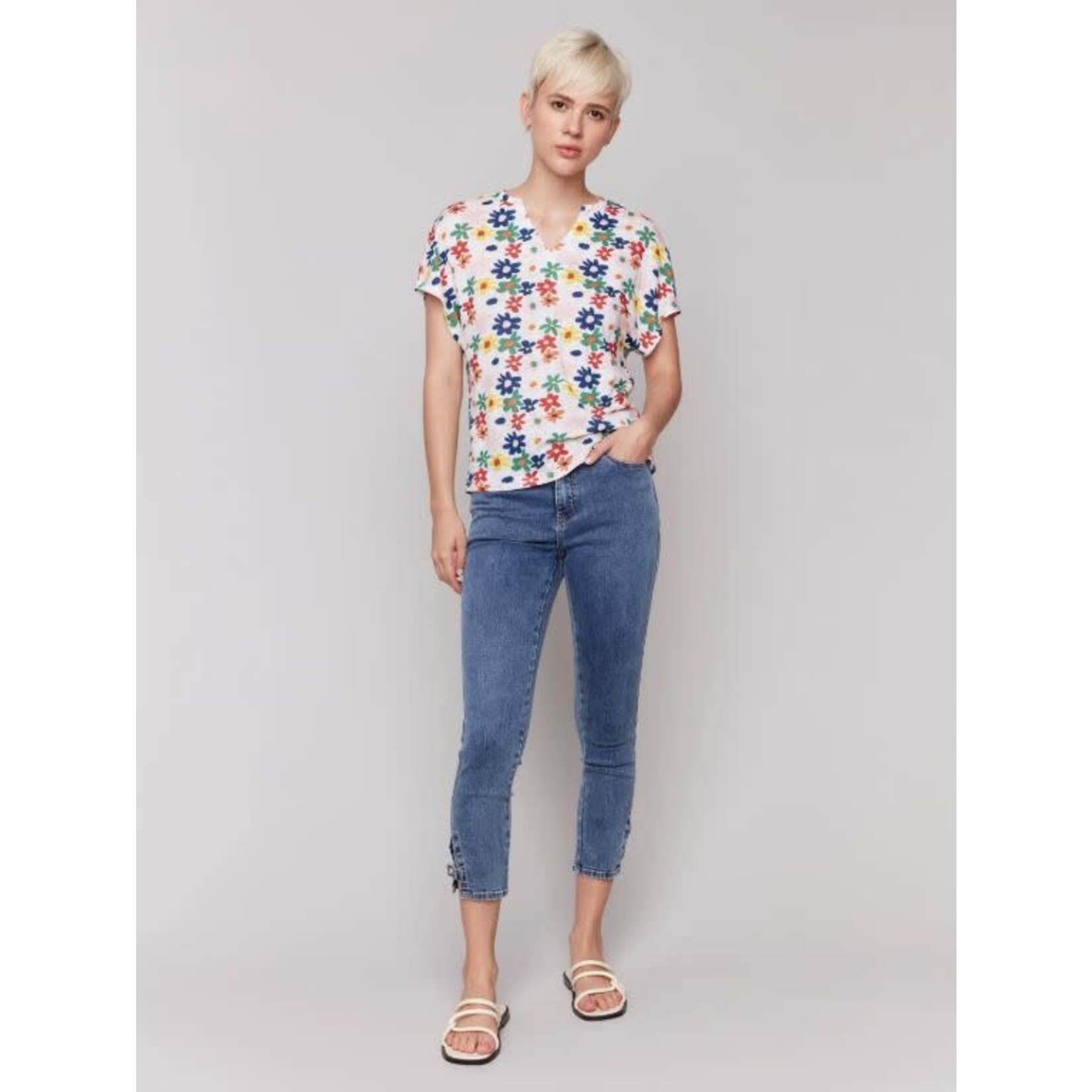 Charlie B Printed Split Neck Dolman Top
