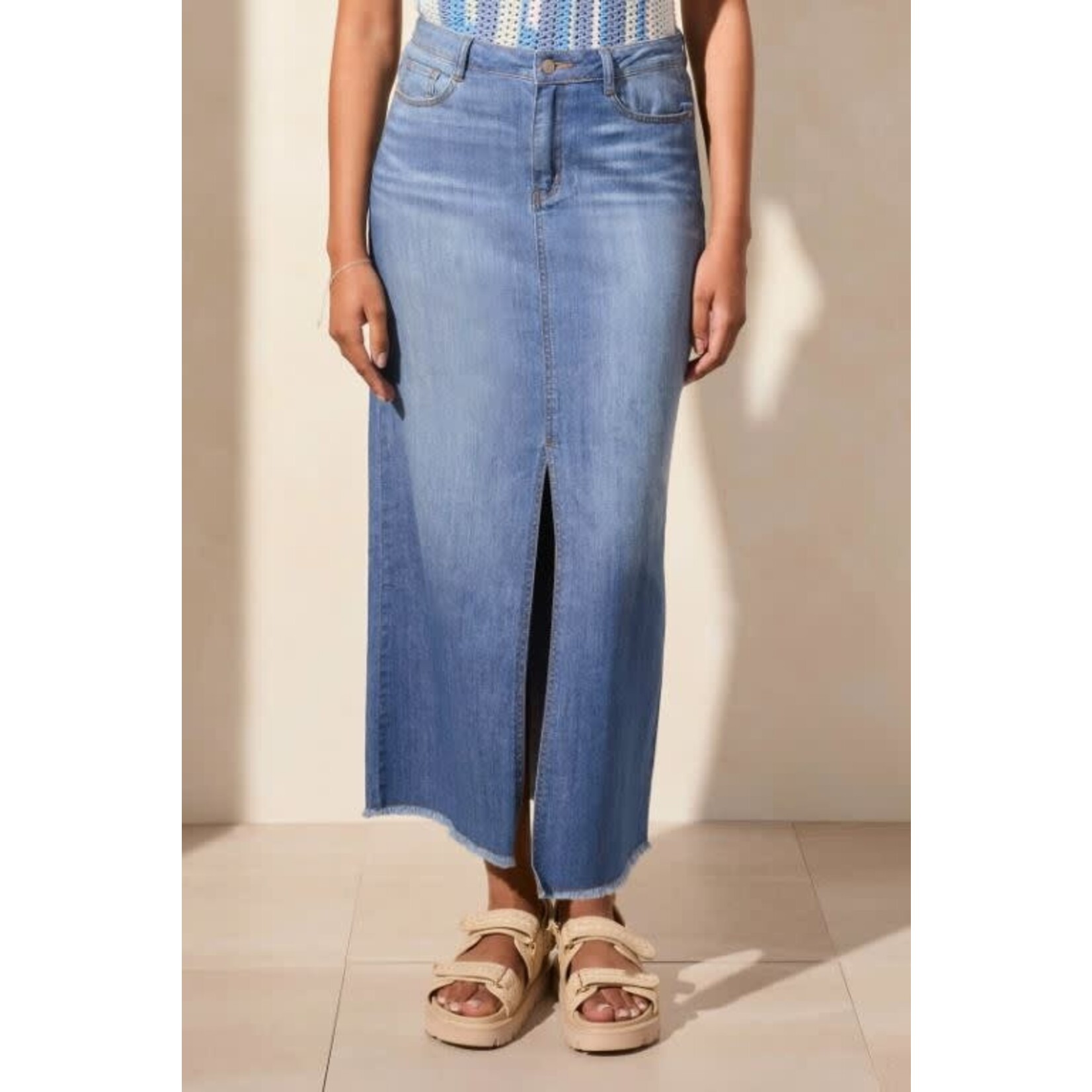 Tribal Full Length Denim Skirt With Slit