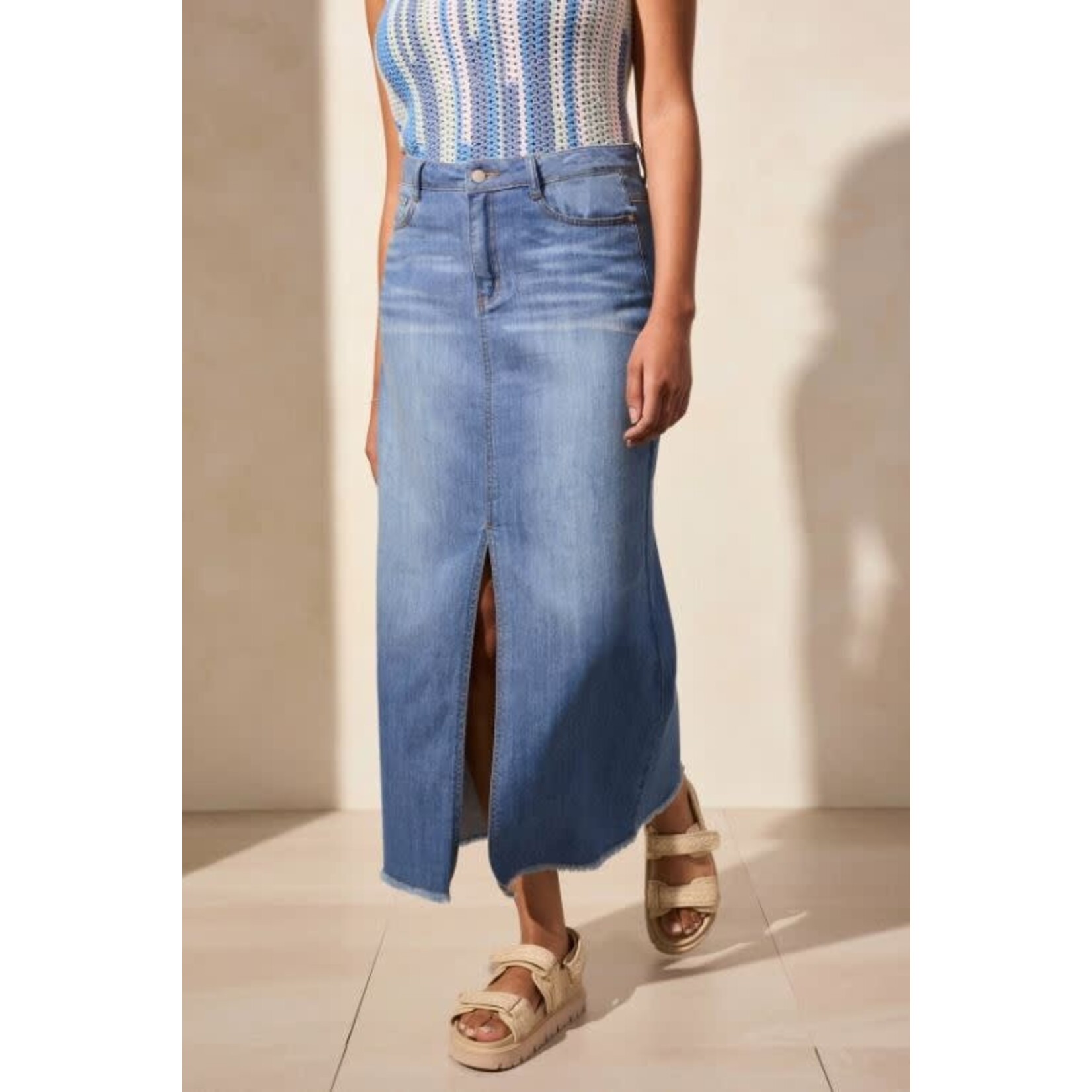 Tribal Full Length Denim Skirt With Slit