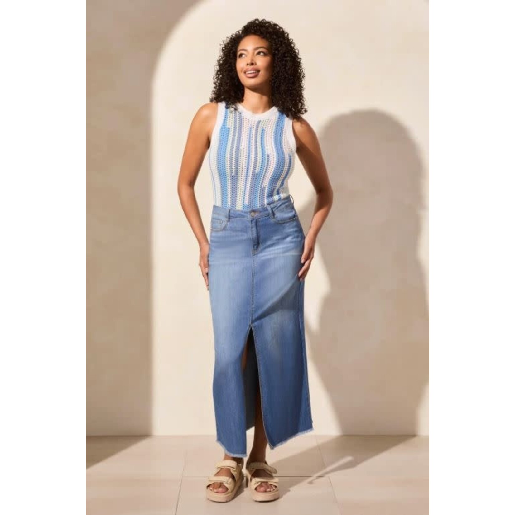 Tribal Full Length Denim Skirt With Slit