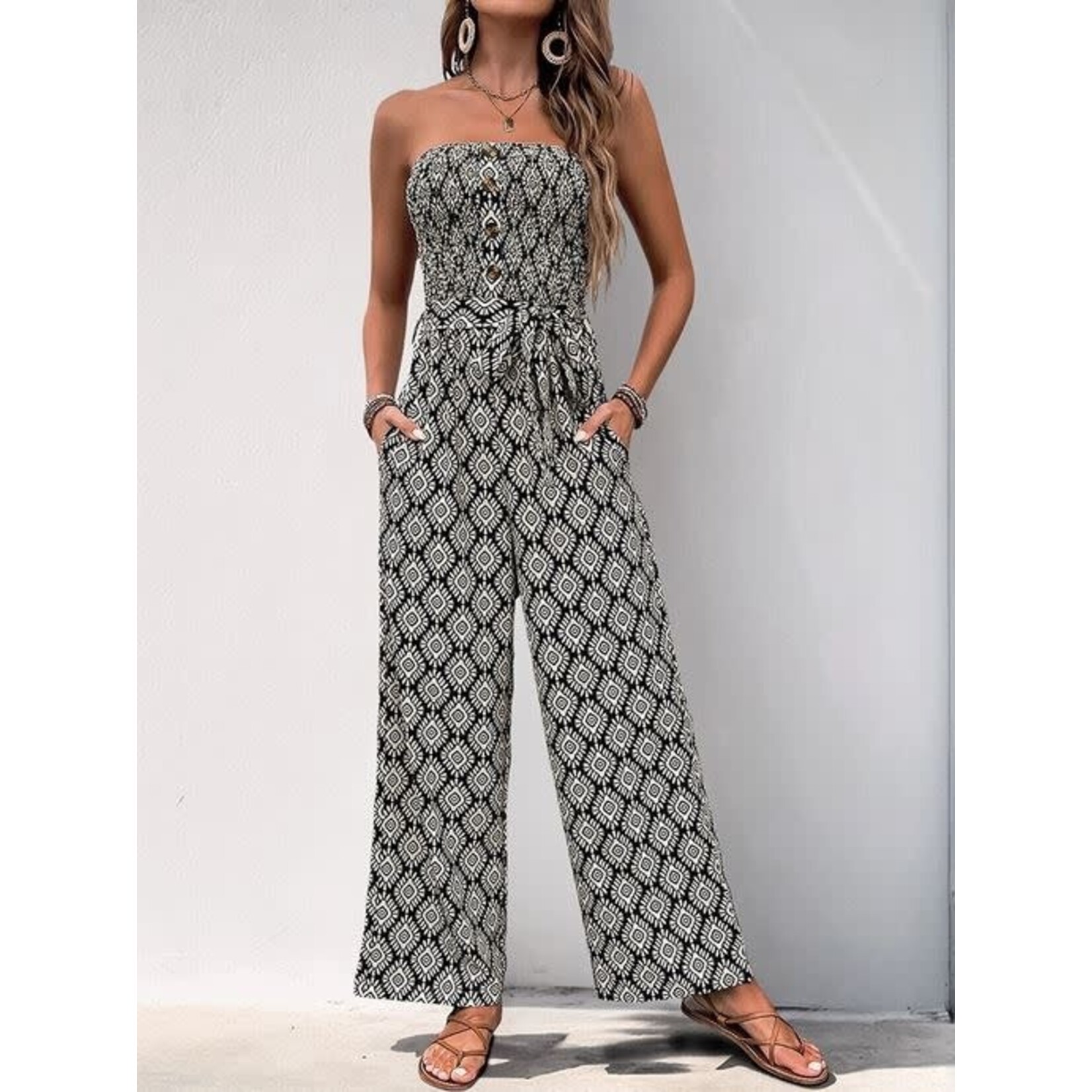 GGS Button Detail Printed Strapless Jumpsuit