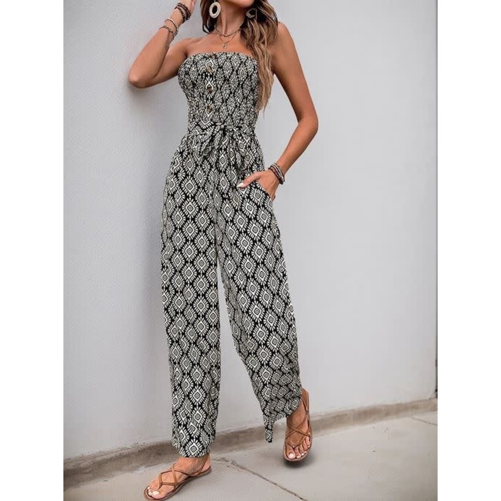GGS Button Detail Printed Strapless Jumpsuit